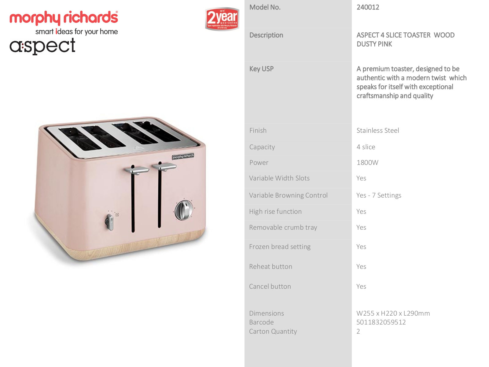 Morphy Richards 240012, 240012100012 Specifications Sheet