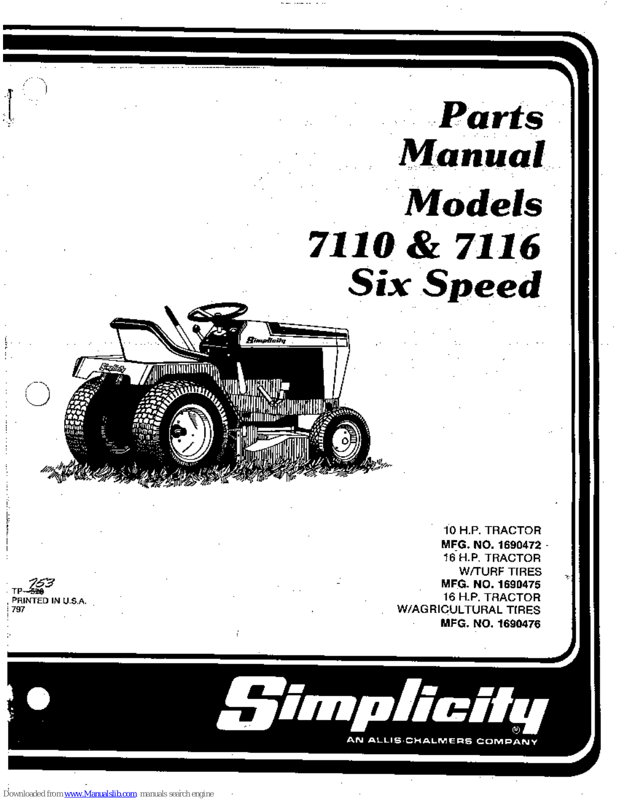 Simplicity 7116, 1690472, 1690475, 1690476 Parts Manual