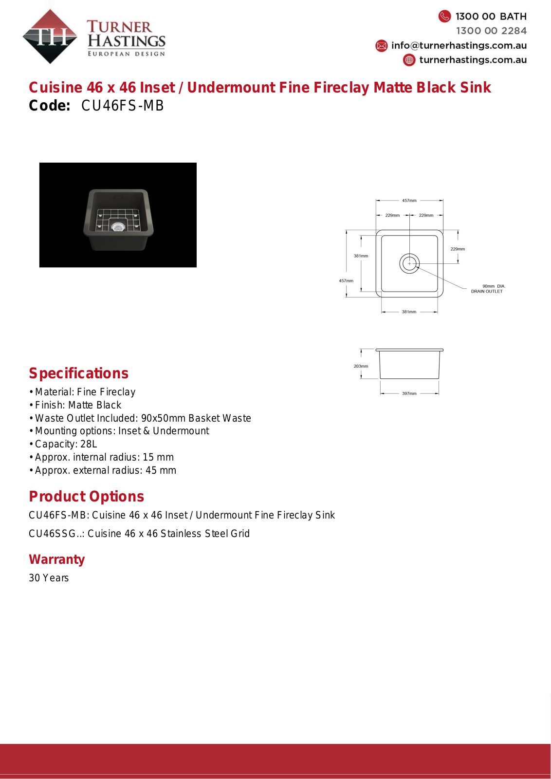 Turner Hastings CU46FS-MB Specifications Sheet