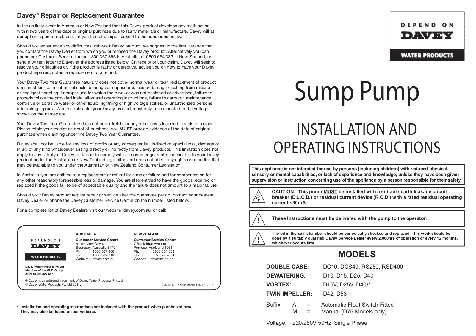 Davey D42, D53 User Manual