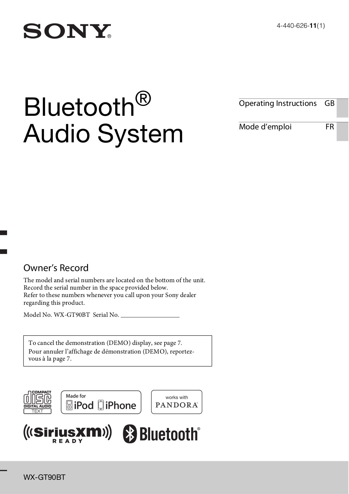 Sony WX-GT90BT Operating Instructions