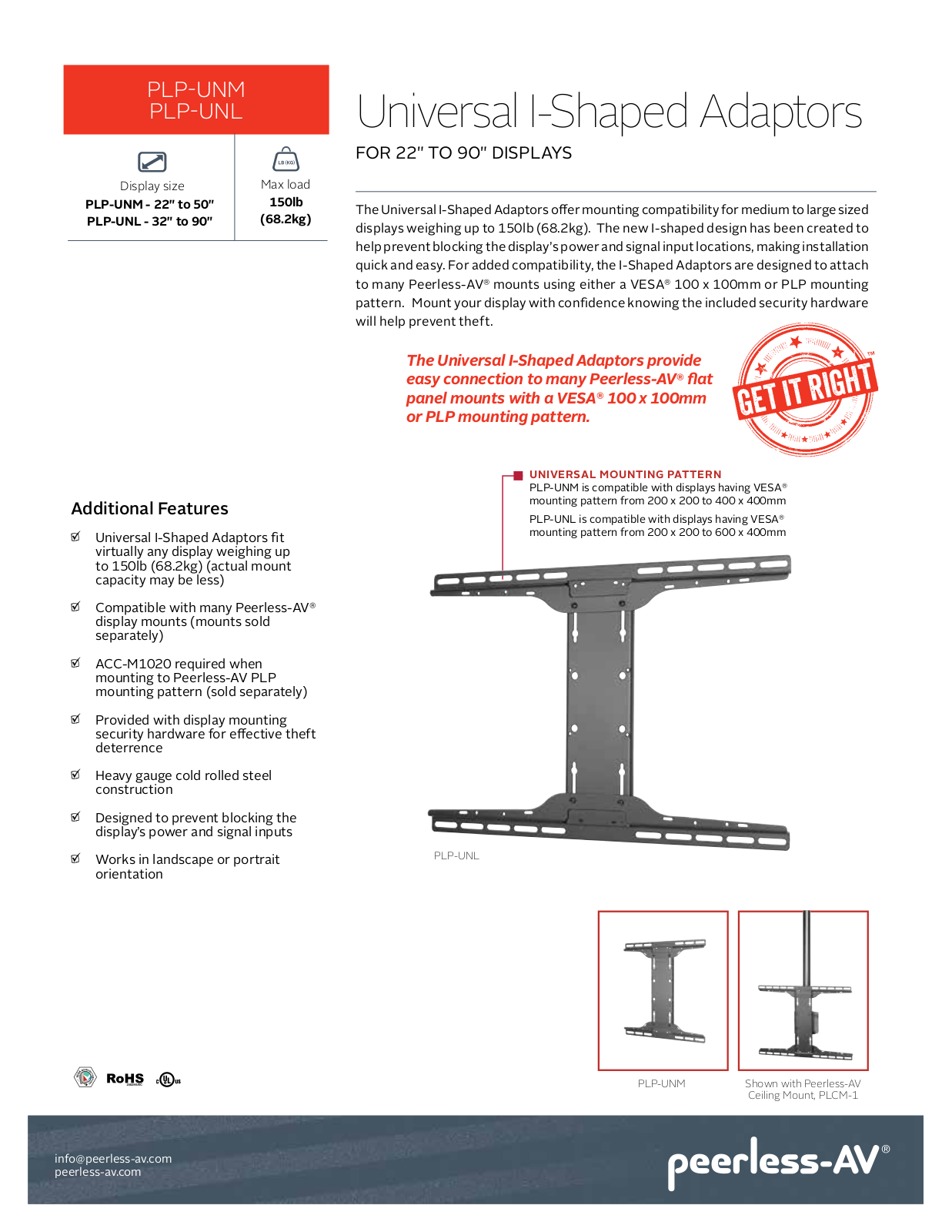 Peerless-AV PLP-UNL, PLP-UNM Specsheet