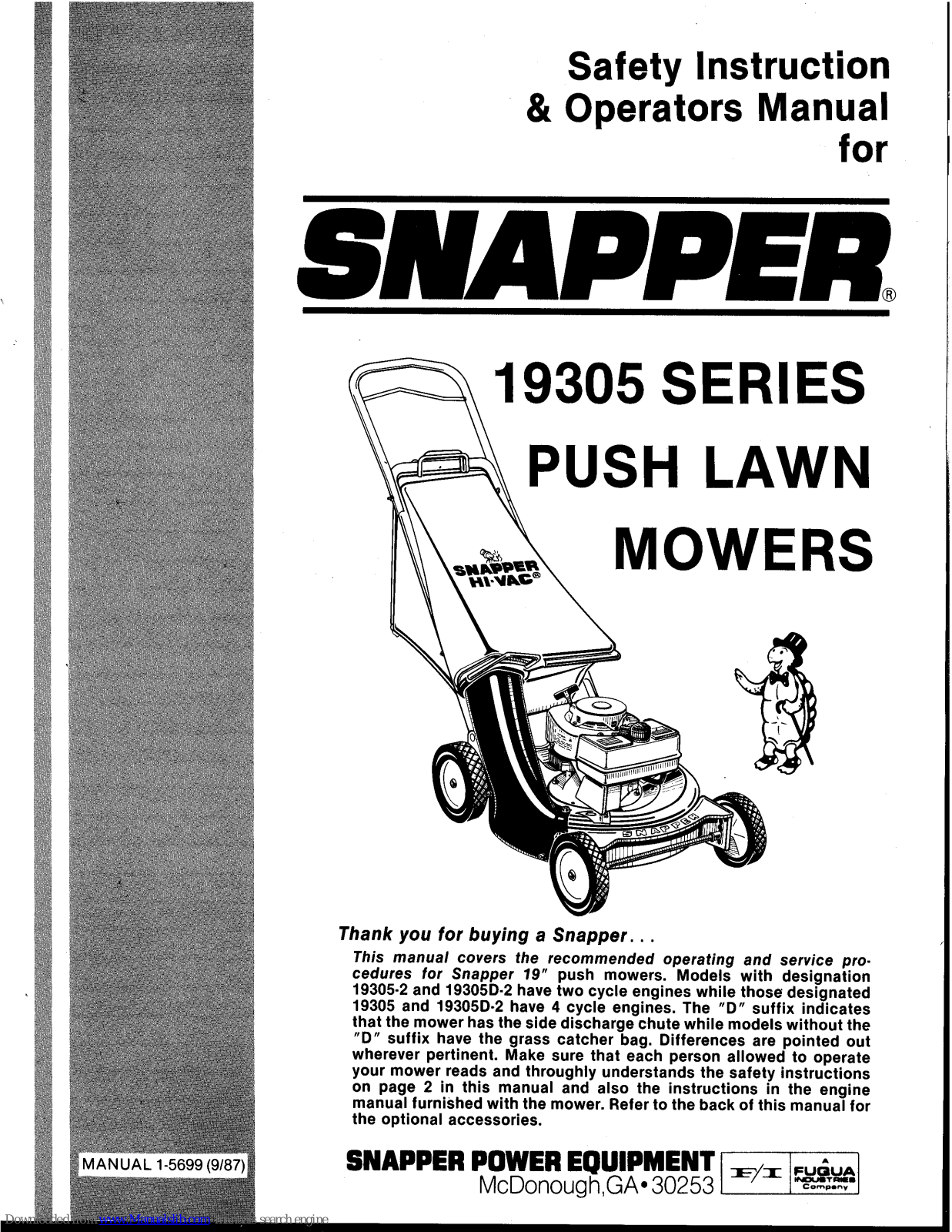 Snapper 19305 Series, 19305-2, 19305D-2 Safety Instructions & Operator's Manual