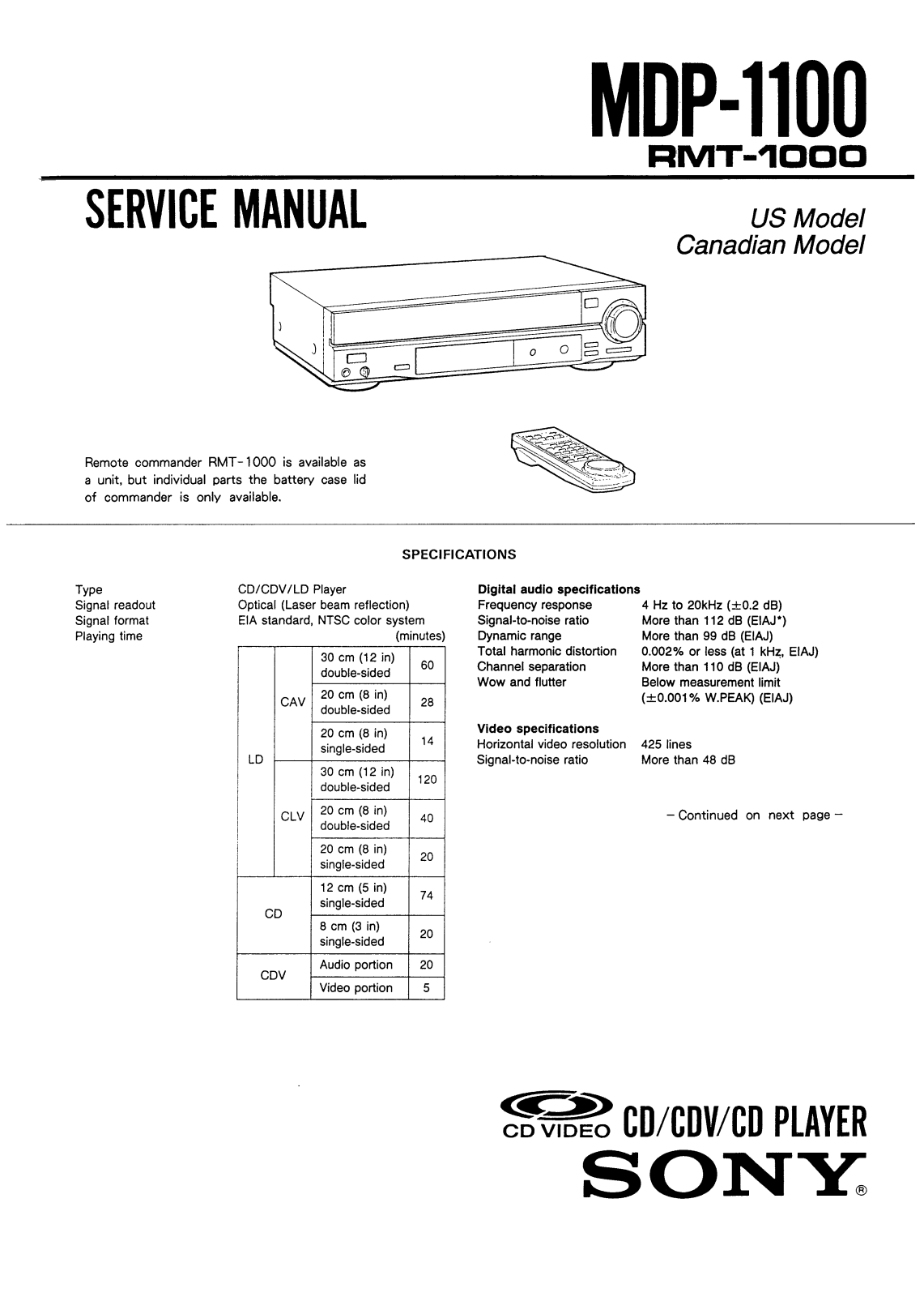Sony MDP-1100 Service manual