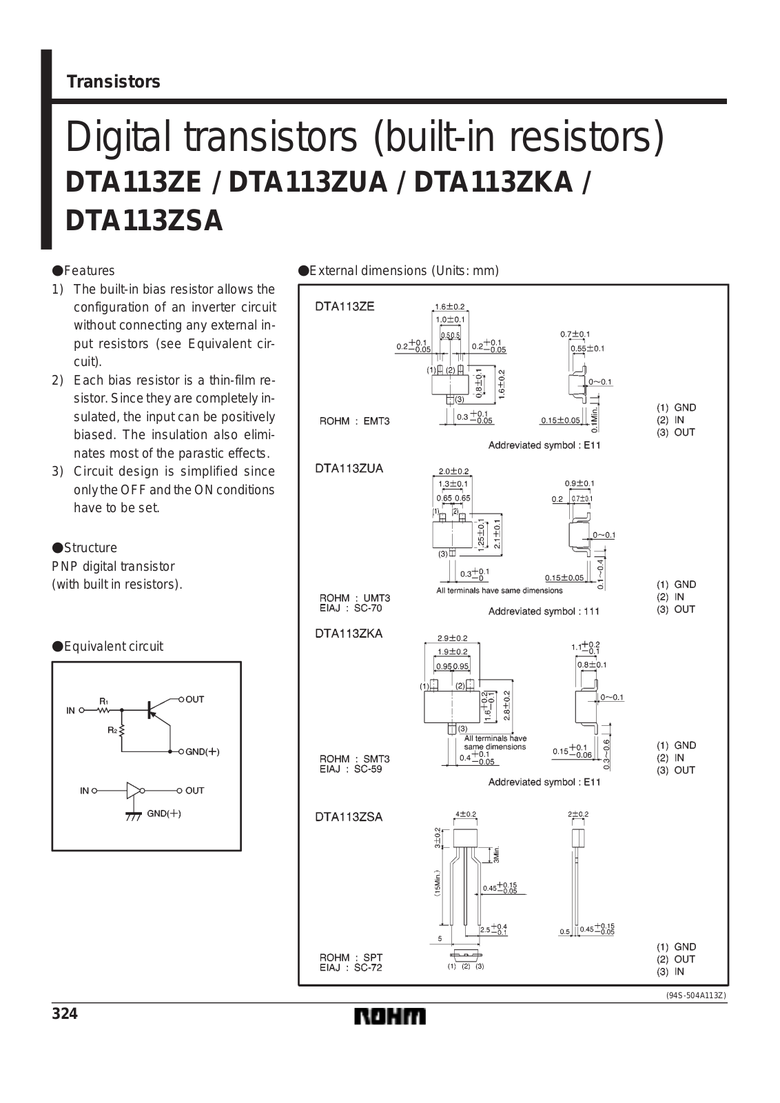 ROHM DTA113ZSA, DTA113ZKA, DTA113ZE, DTA113UA Datasheet