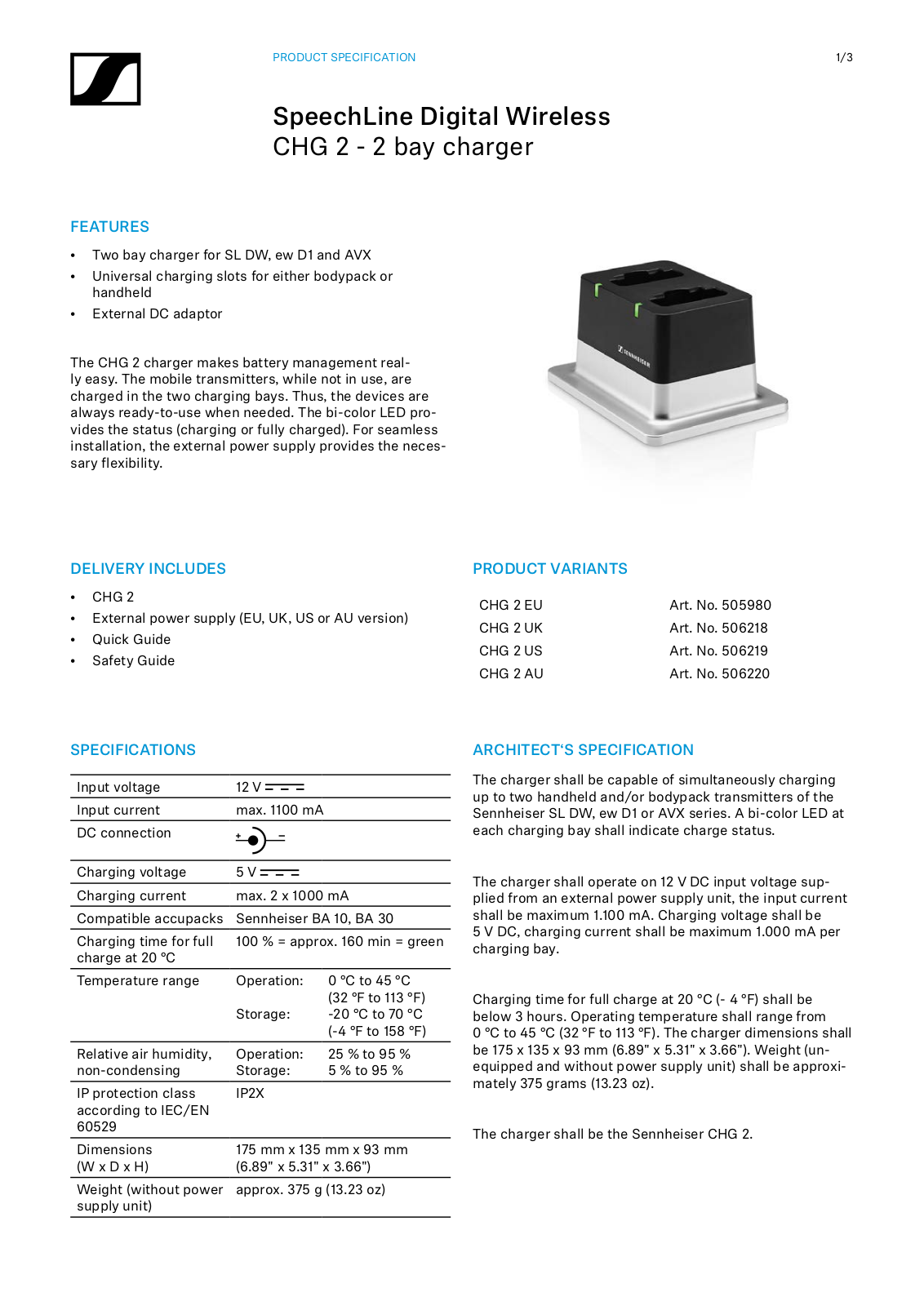 Sennheiser CHG 2 US Specifications