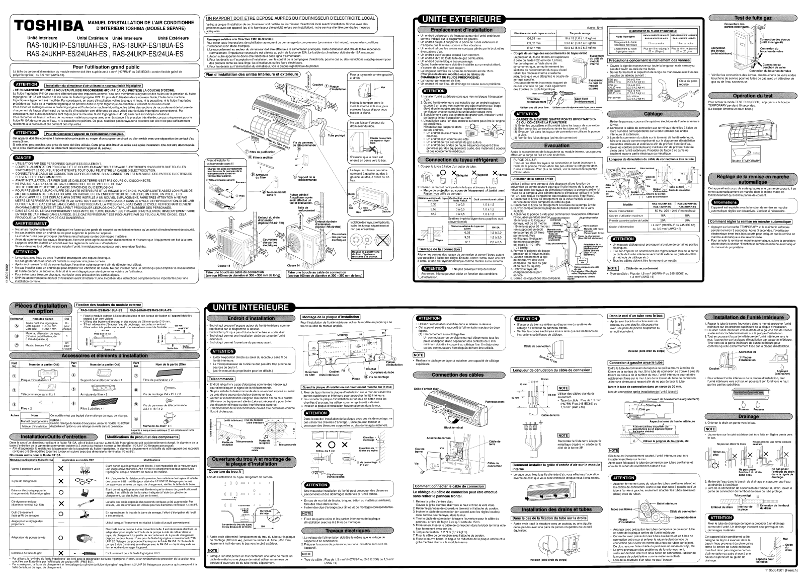 Toshiba RAS-18UKP-ES, RAS-18UKHP-ES, RAS-24UKP-ES, RAS-24UKHP-ES INSTALLATION MANUAL