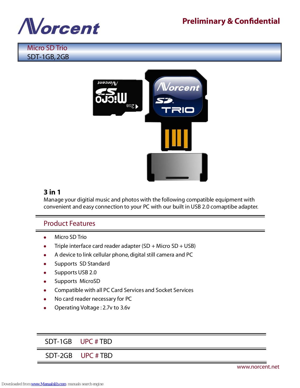 Norcent SDT-1GB UPC # TBD, SDT-2GB Specification Sheet