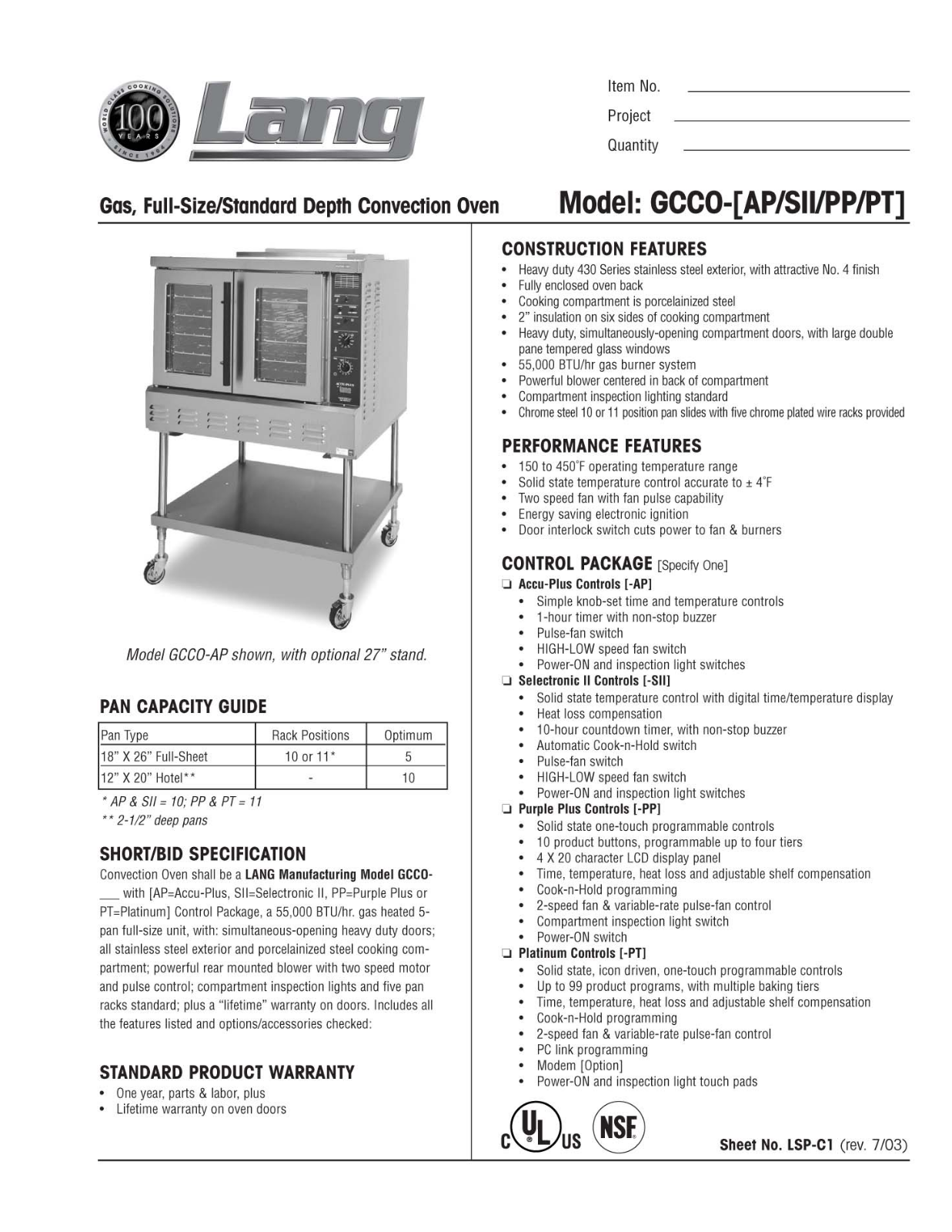 Lang Manufacturing GCCO-PP User Manual