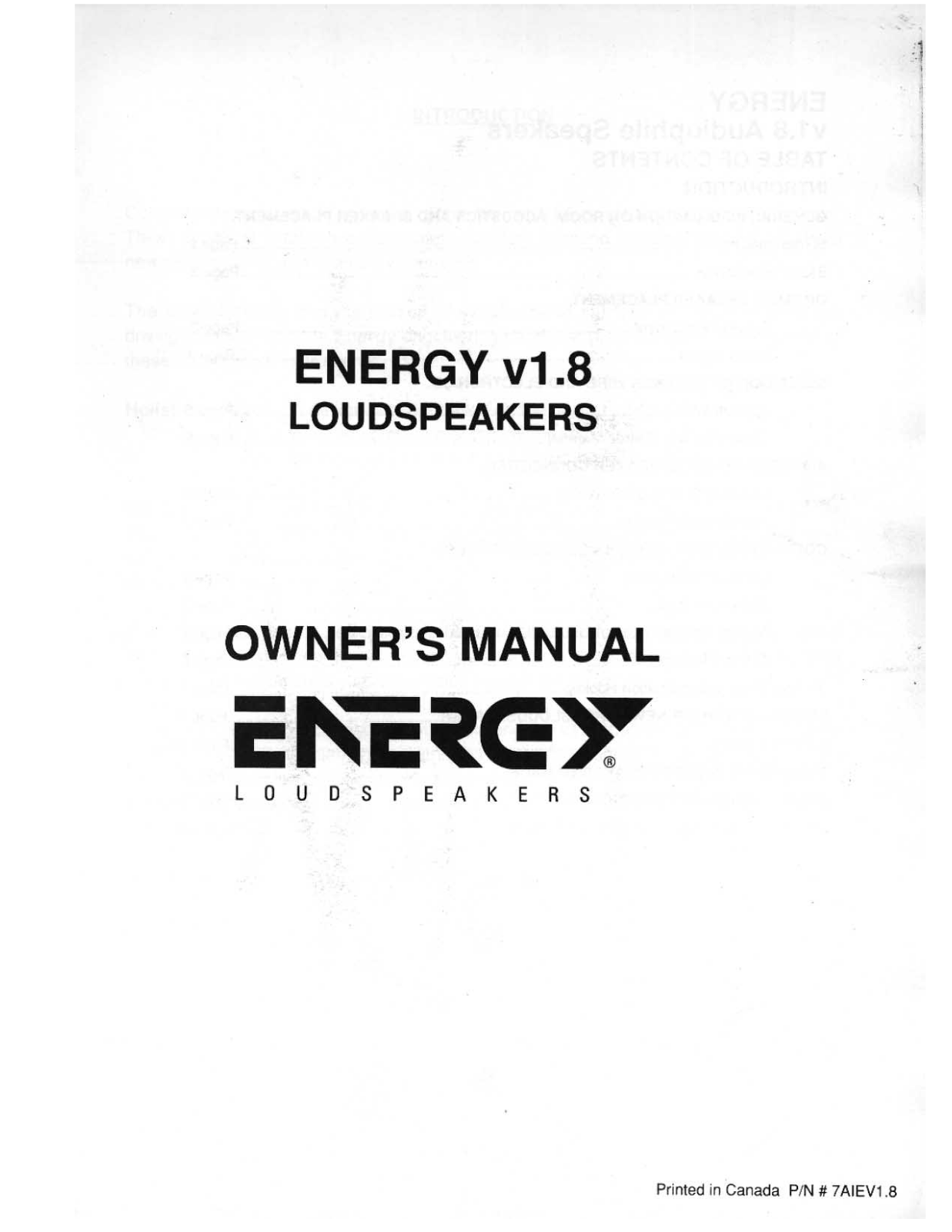 Energy V-1.8 Owners manual