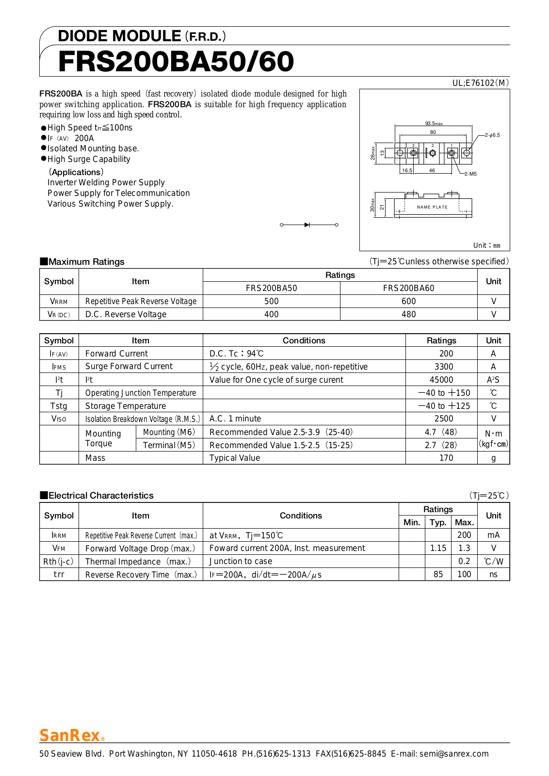 Sanrex-Sansha Electric Manufacturing FRS200BA50, FRS200BA60 Data Sheet