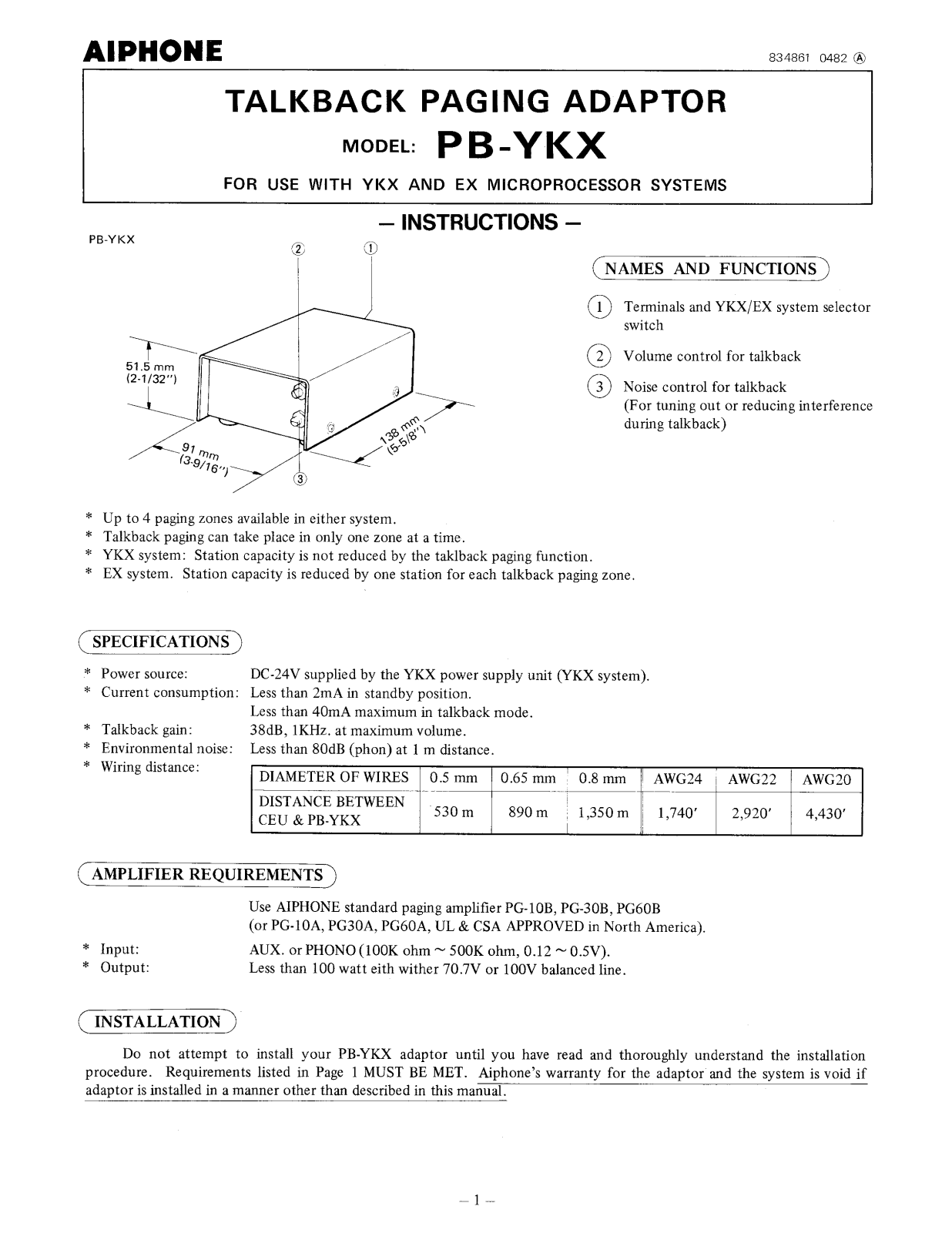 Aiphone PB-YKX INSTALLATION INSTRUCTIONS