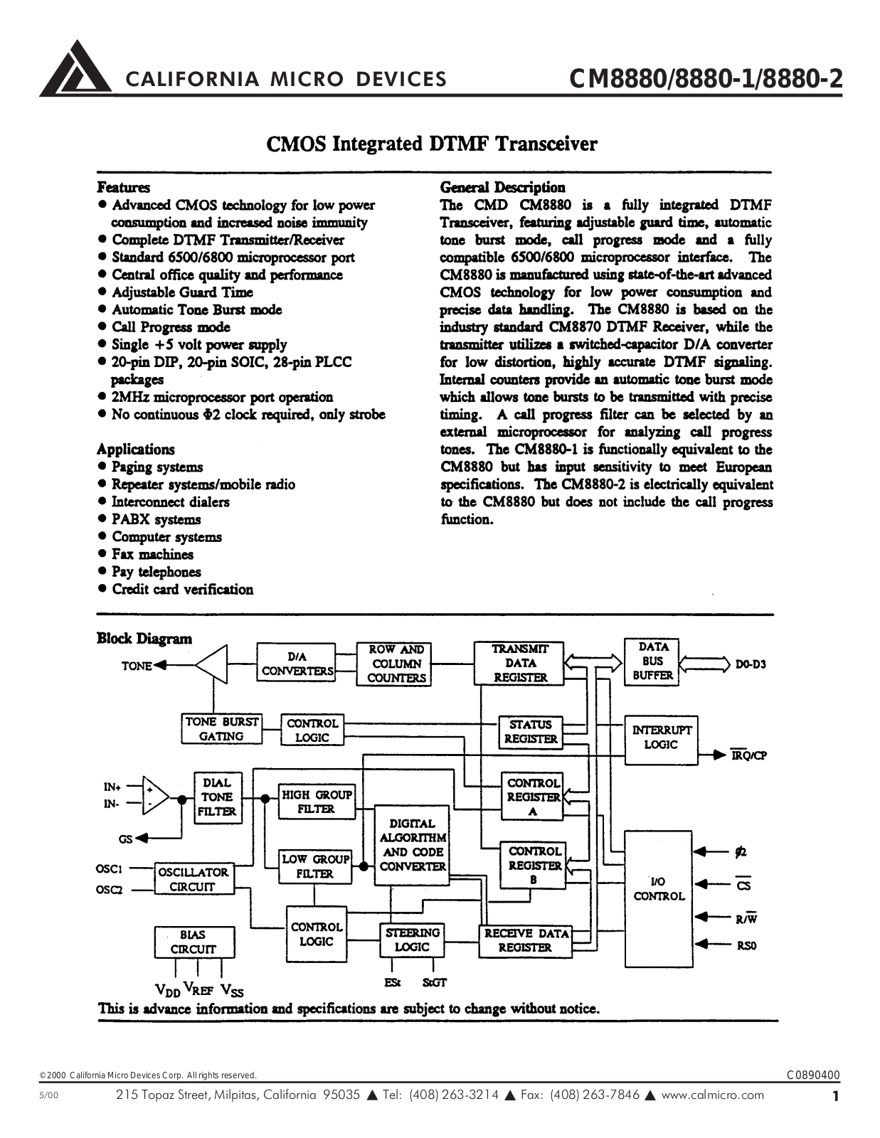 California Micro Devices CM8888, CM8880XI, CM8880SI, CM8880PI, CM8880LI Datasheet