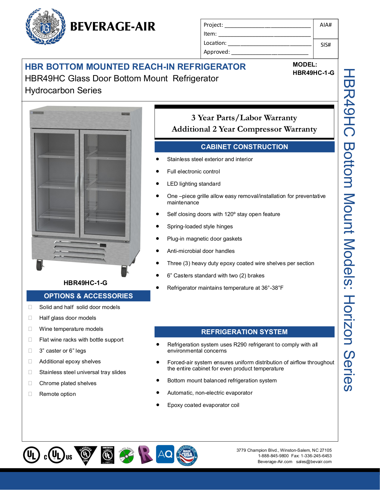 Beverage-Air HBR49HC1G Specifications