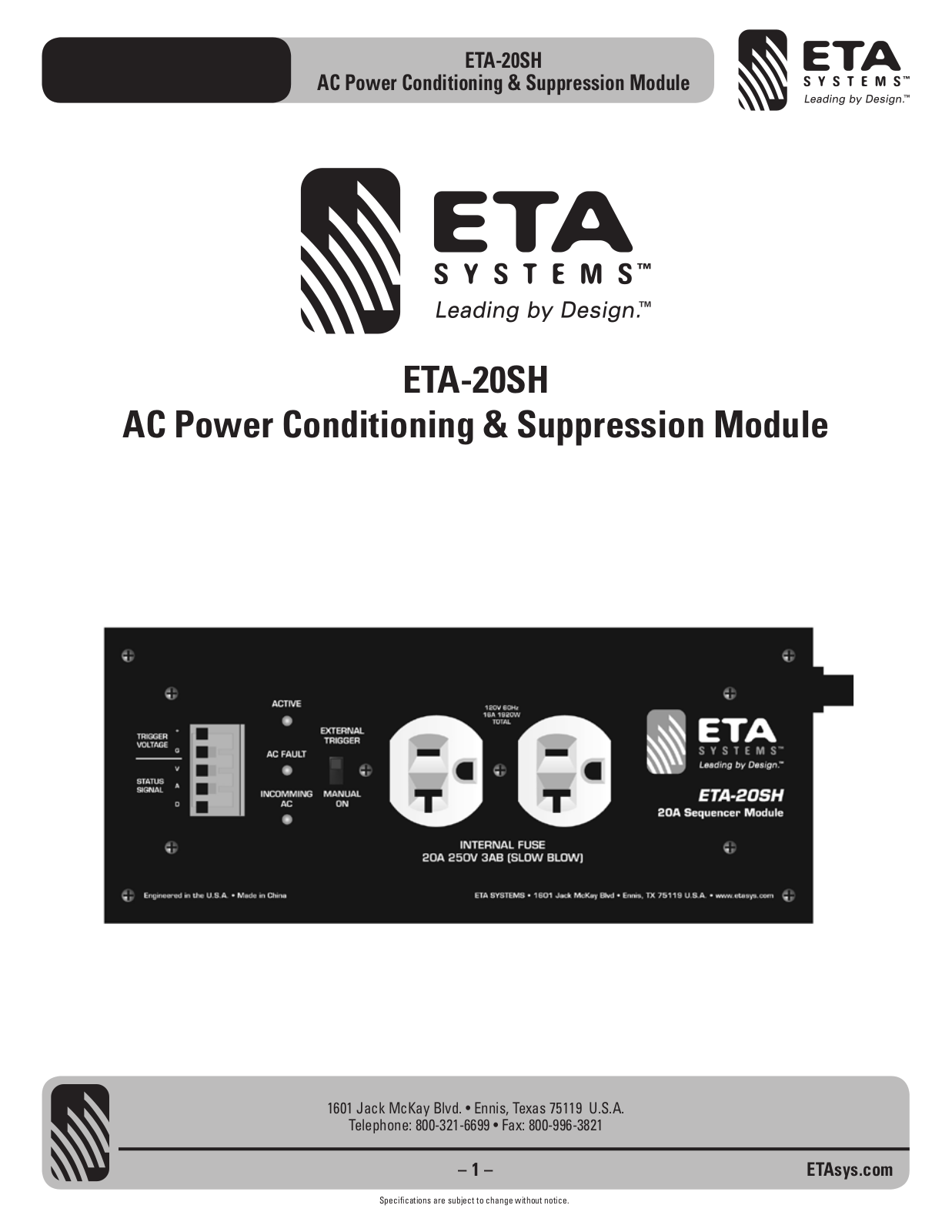 ETA Systems ETA-20SH User Manual