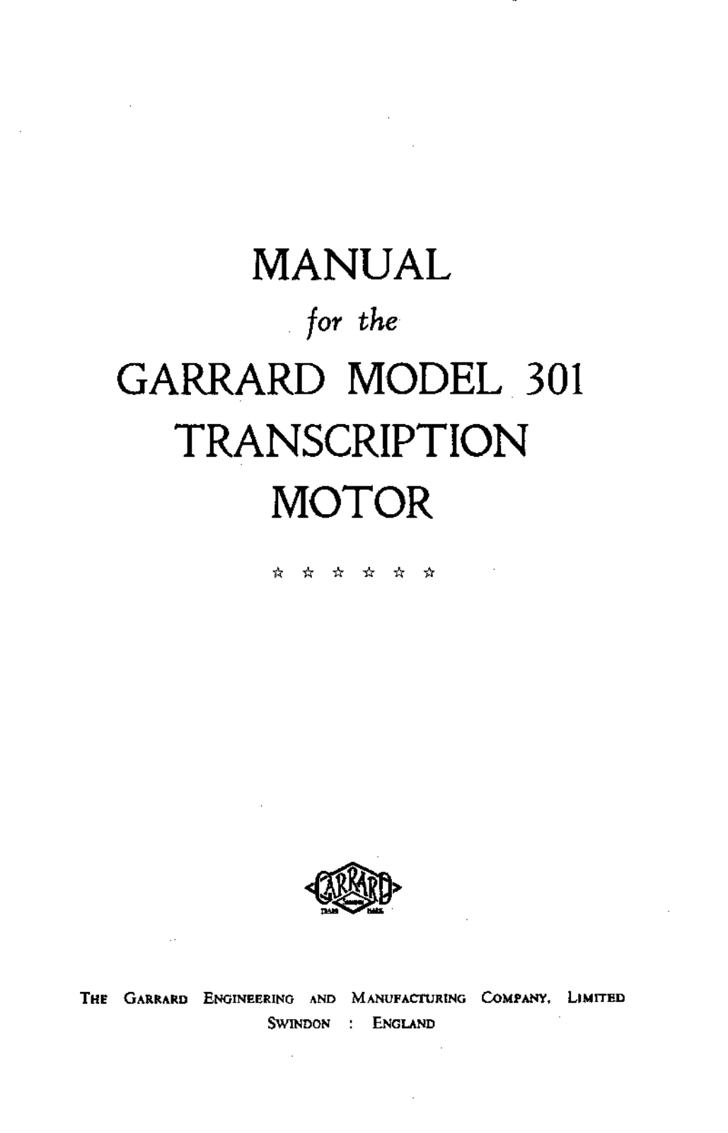 Garrard 301 Owners manual