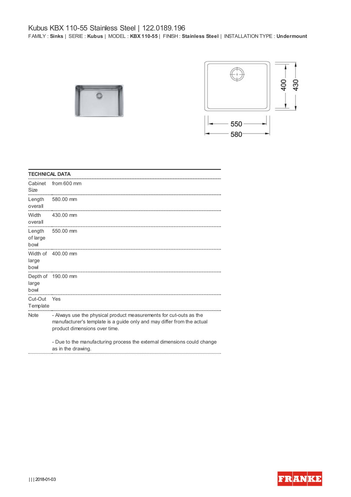 Franke KBX110-55HW, KBX110-55HWB Datasheet