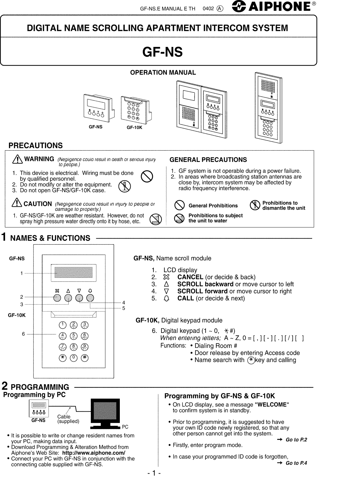 Aiphone GF-NS User Manual