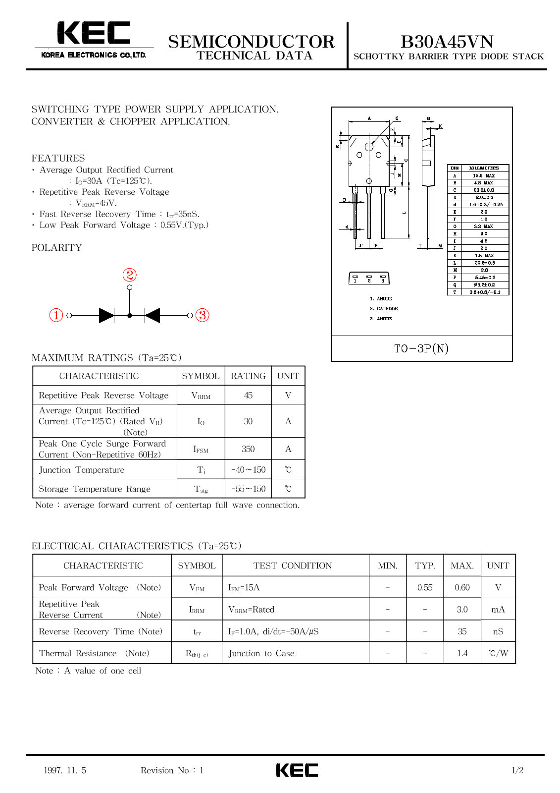 Korea Electronics Co  Ltd B30A45VN Datasheet