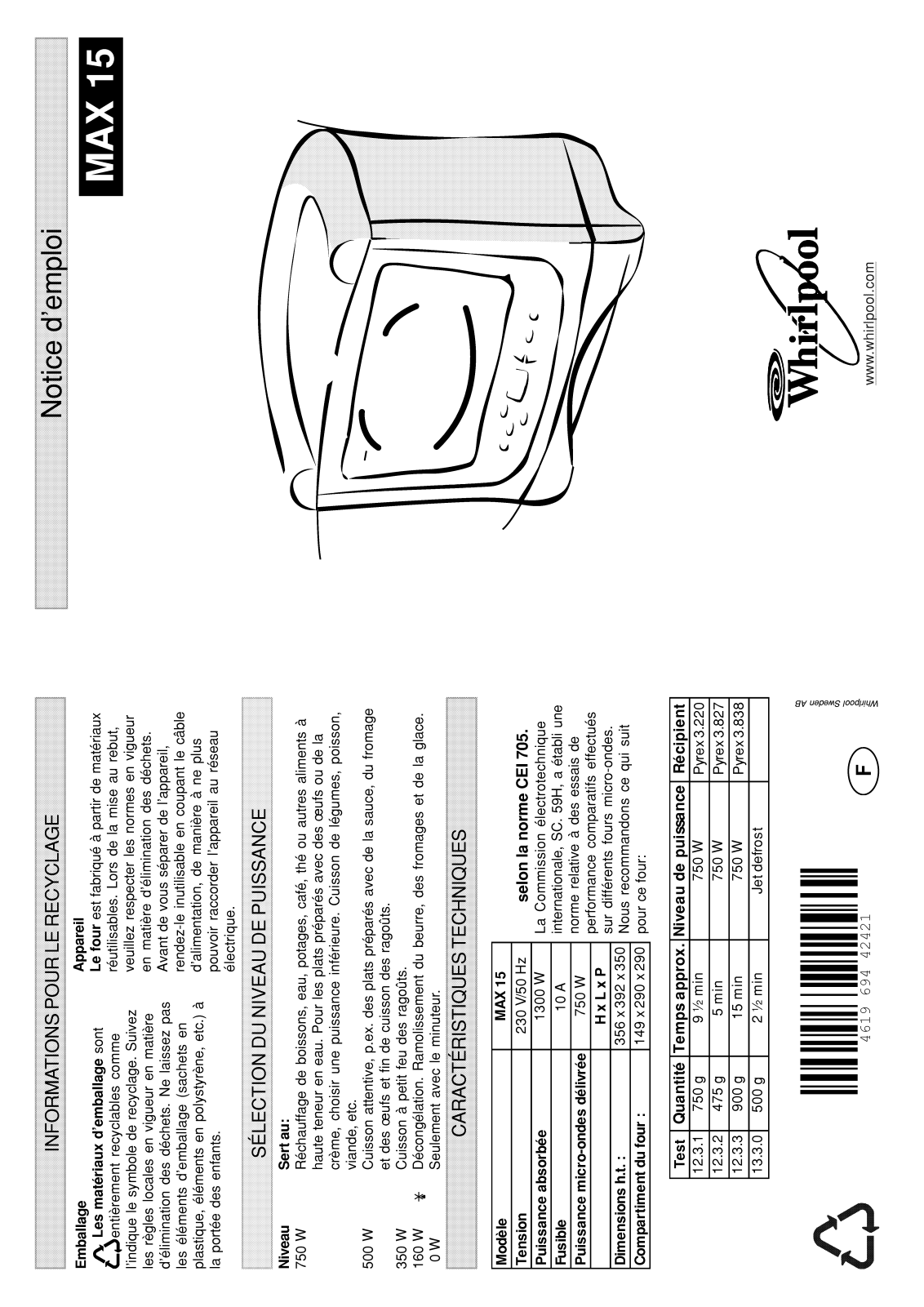 WHIRLPOOL MAX 15 User Manual