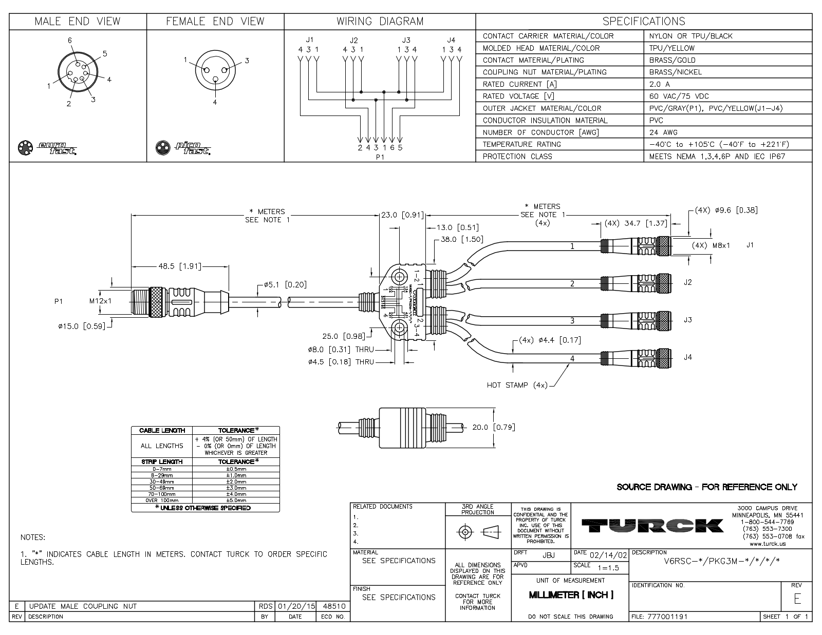 Turck V6RSC-0.2/PKG3M-2/2/2/2 Specification Sheet