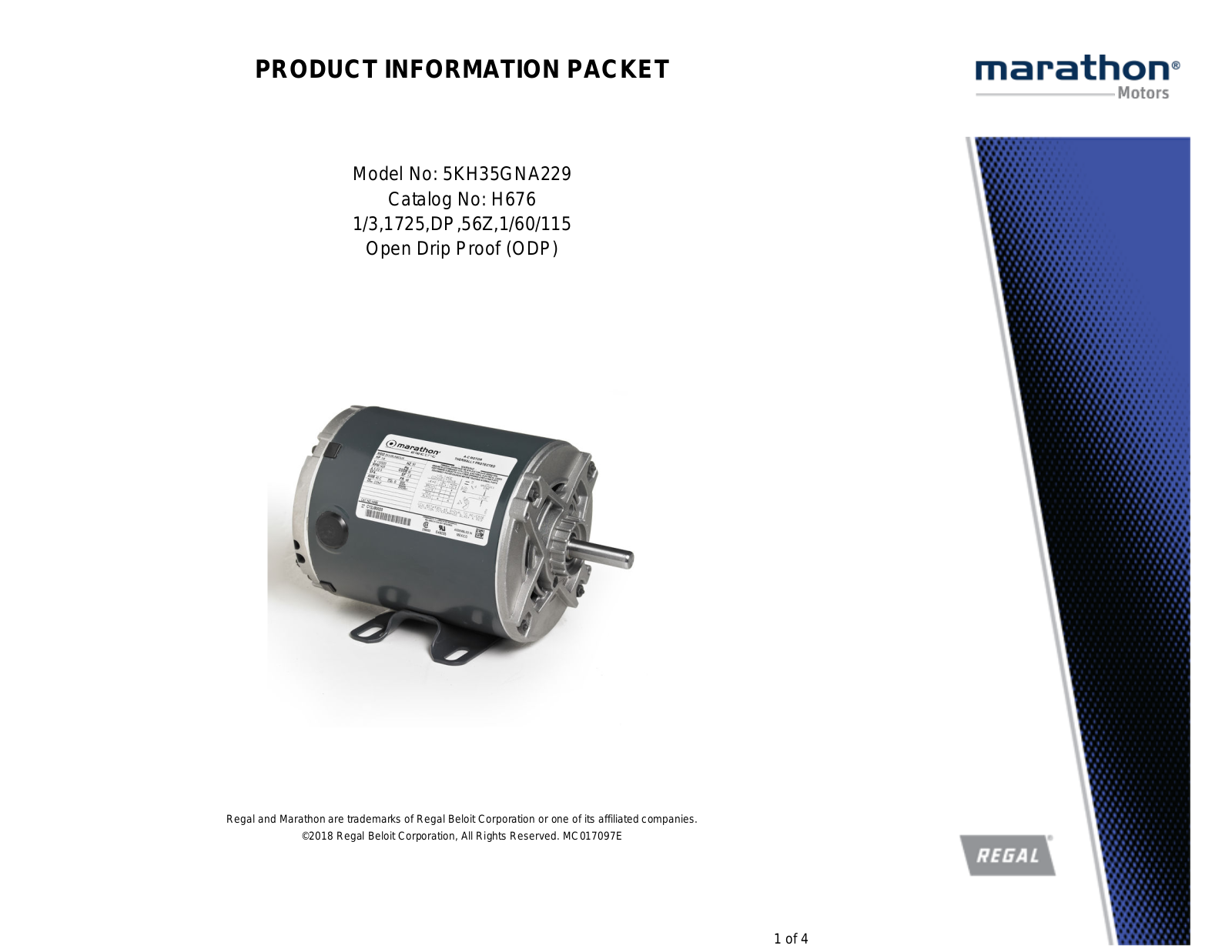 Marathon Electric 5KH35GNA229 Product Information Packet