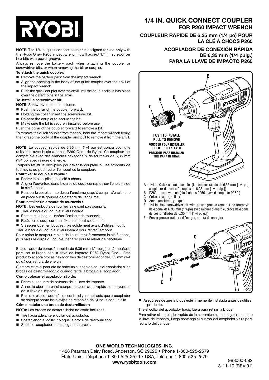 Ryobi P260 User Manual