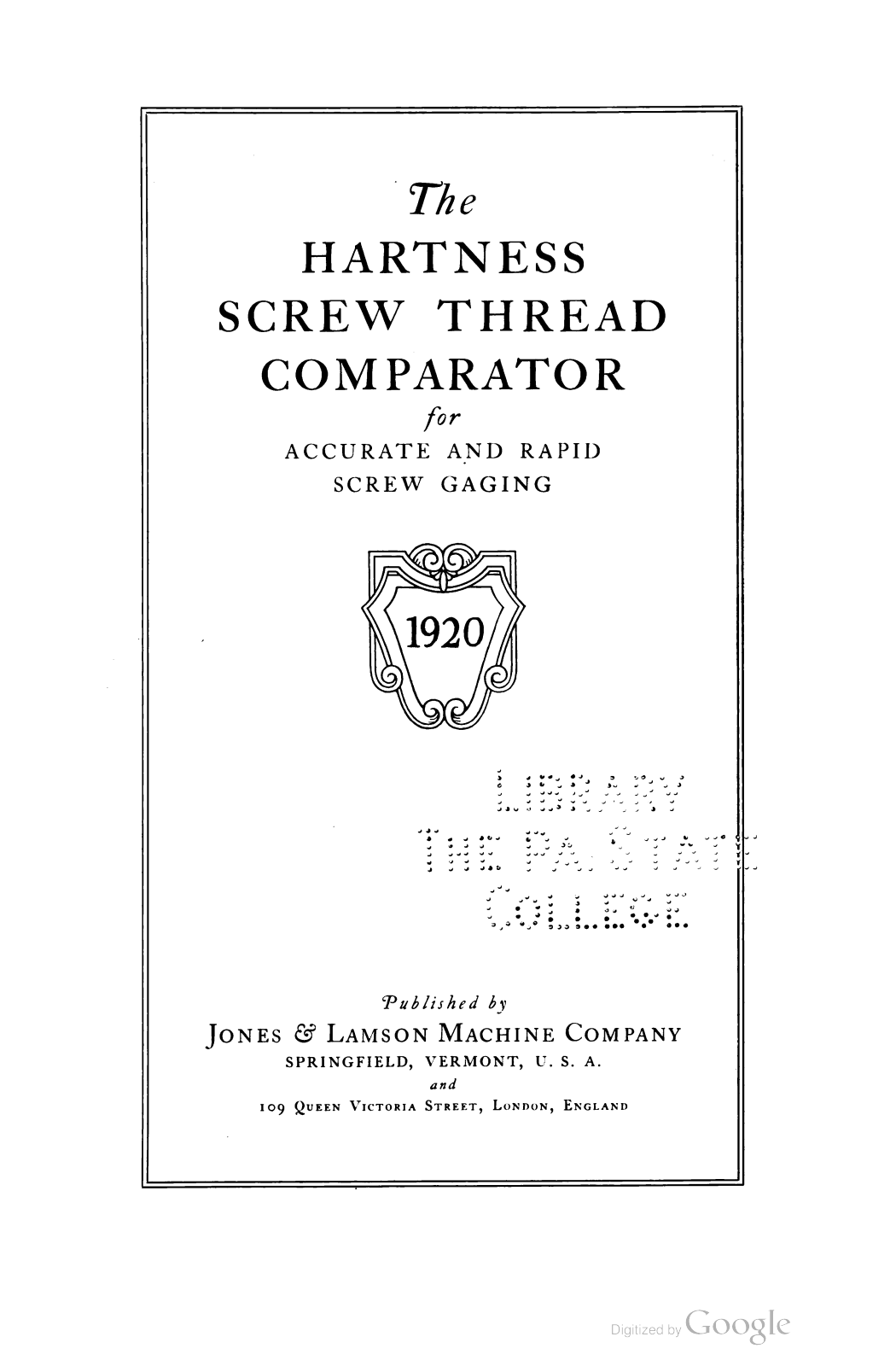 Jones & Lamson Machine The Hartness Screw Thread Comparator Other - ManualMachine.com