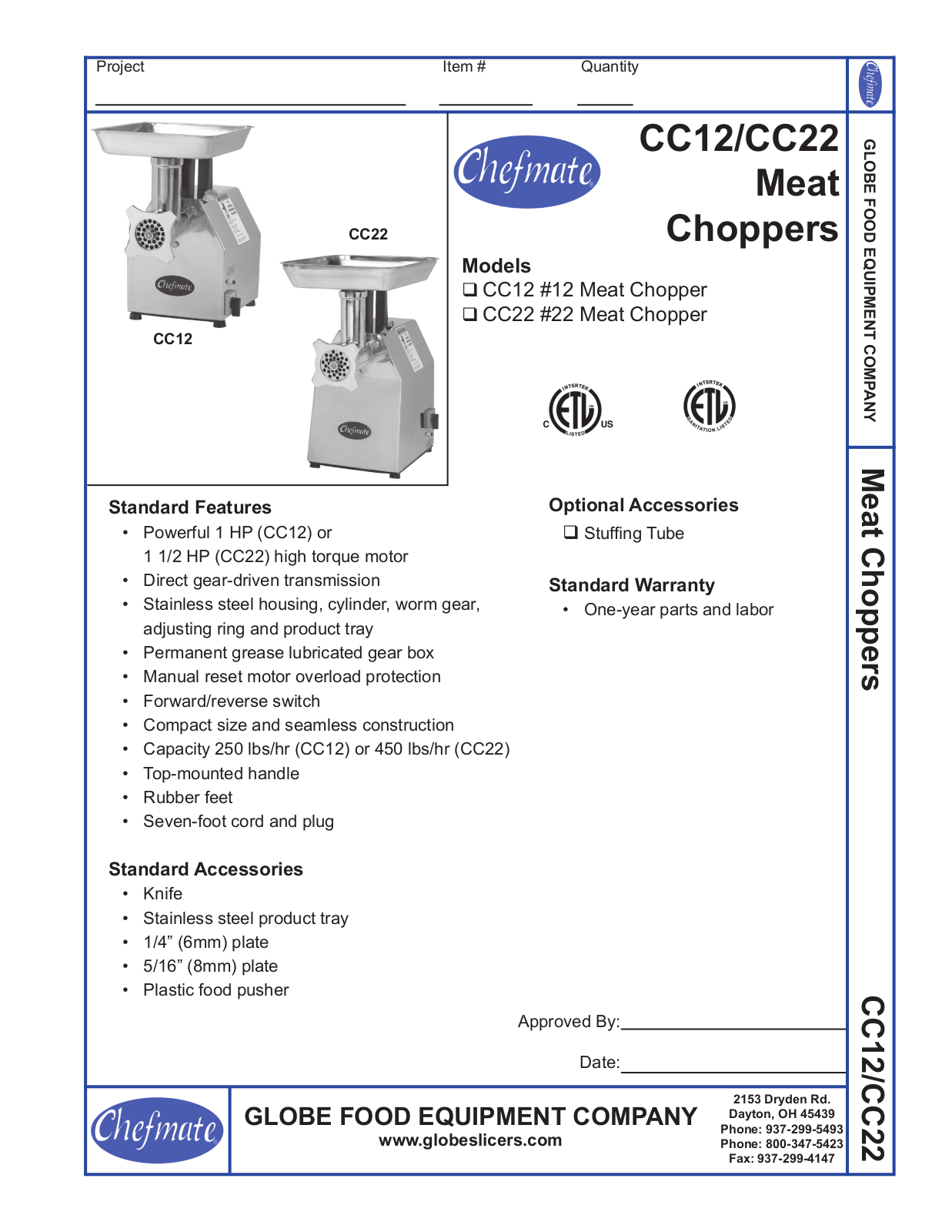 Globe Food Equipment CC12, CC22 General Manual