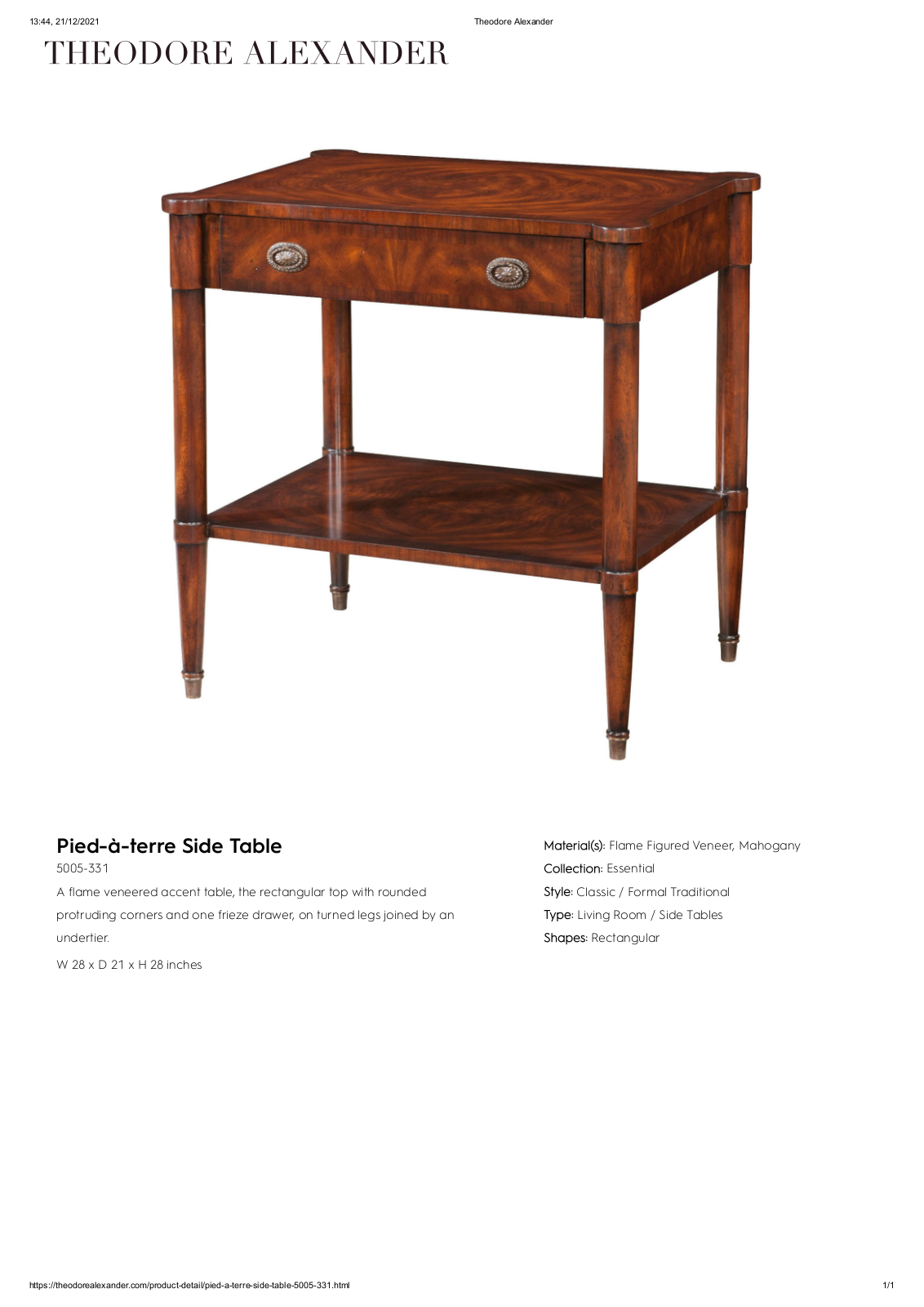 Theodore Alexander FPLJ1913 Specifications - ManualMachine.com