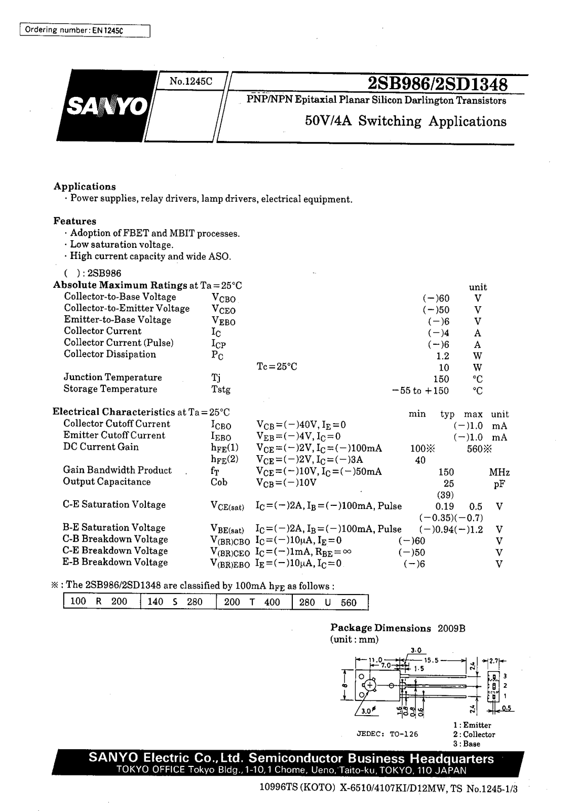 SANYO 2SD1348, 2SB986 Datasheet