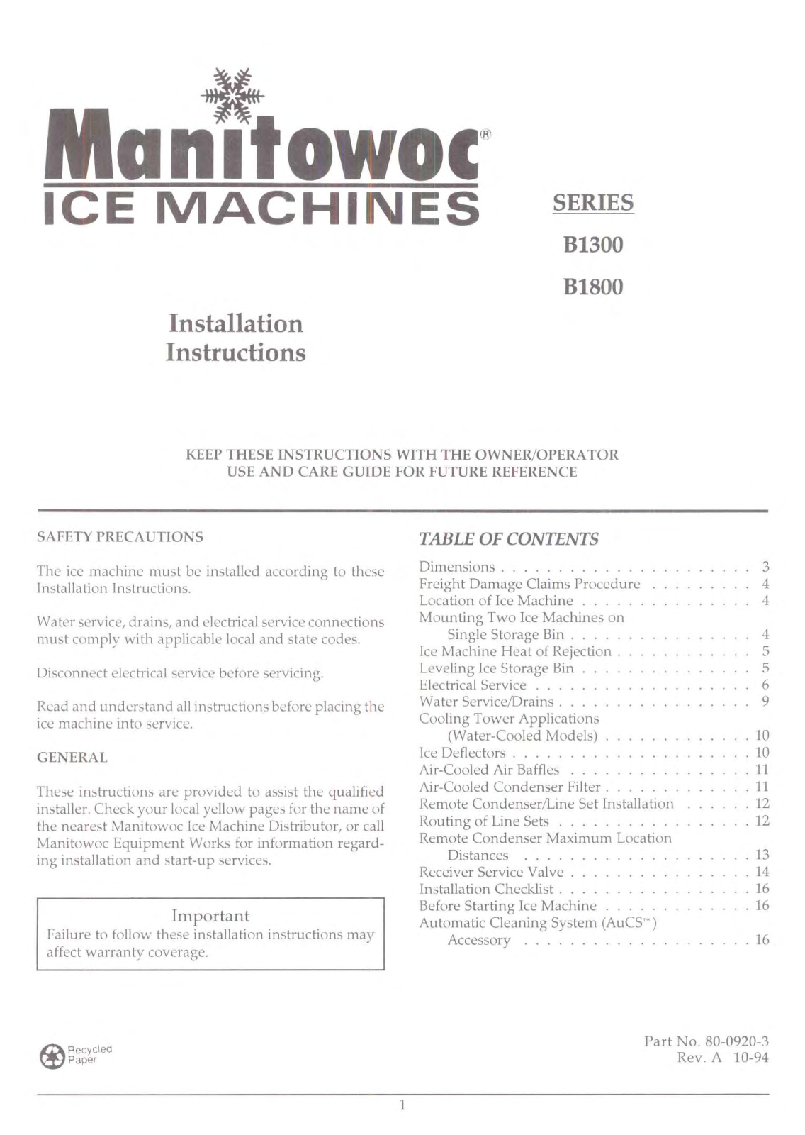 Manitowoc Ice BY1894N Installation Manual