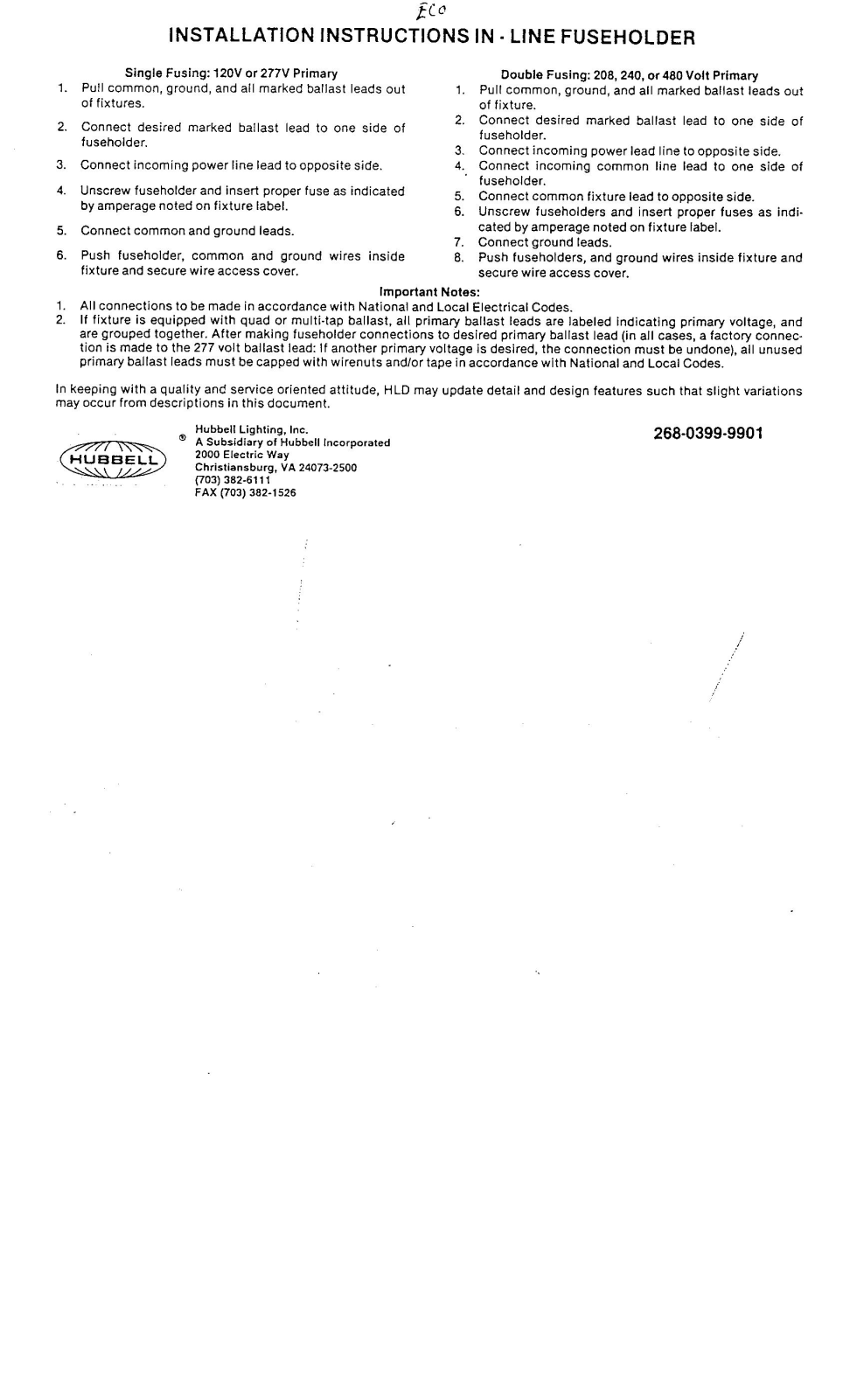 Hubbell Lighting IN-LINE FUSEHOLDER User Manual