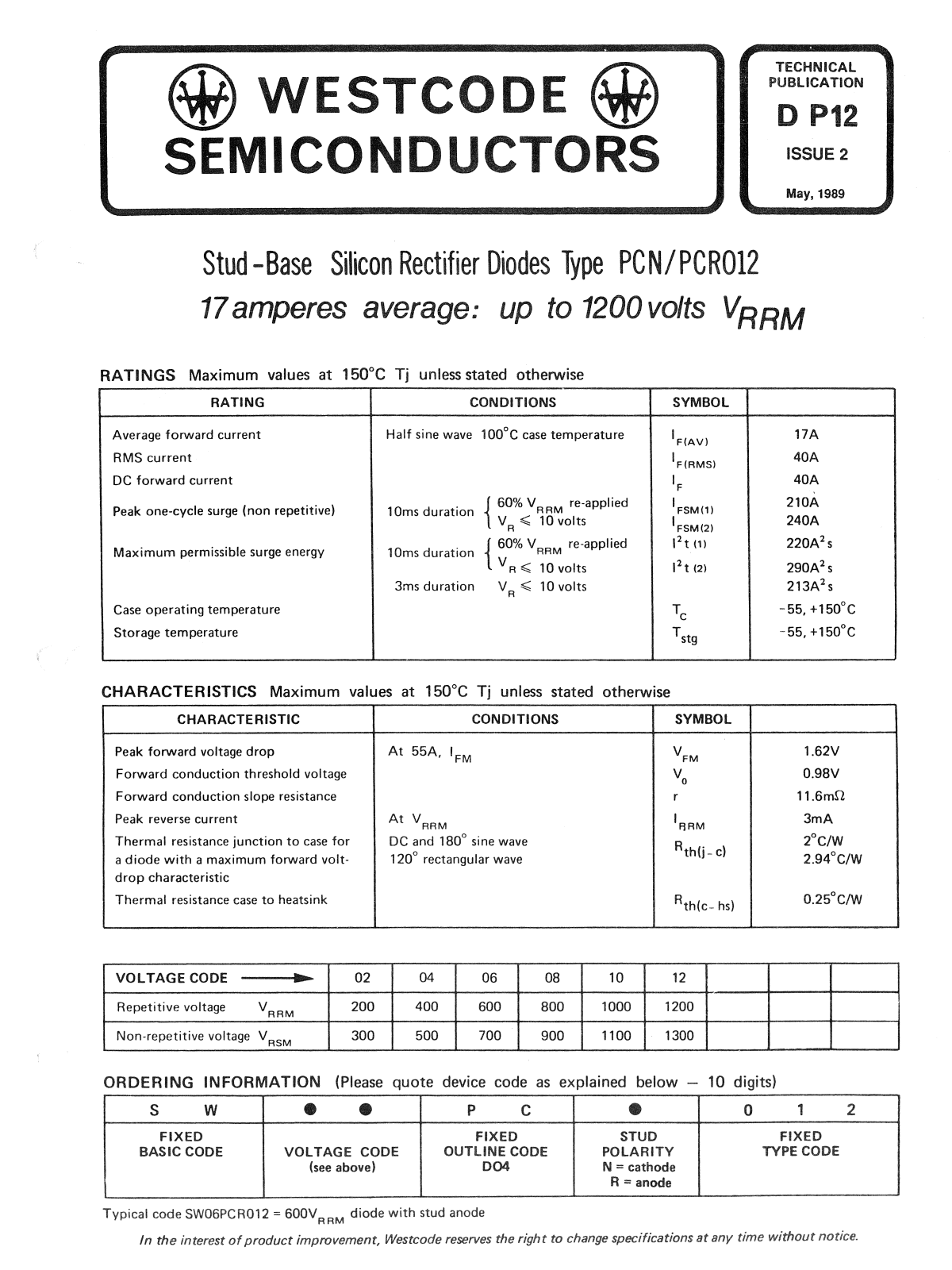 Datasheet DP12 Datasheet (Westcode Semiconductors) - ManualMachine.com