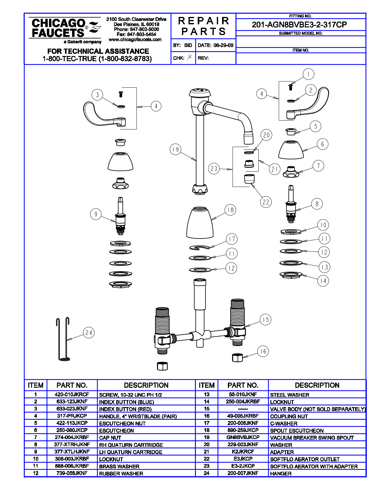 Chicago Faucet 201-AGN8BVBE3-2-317CP Parts List