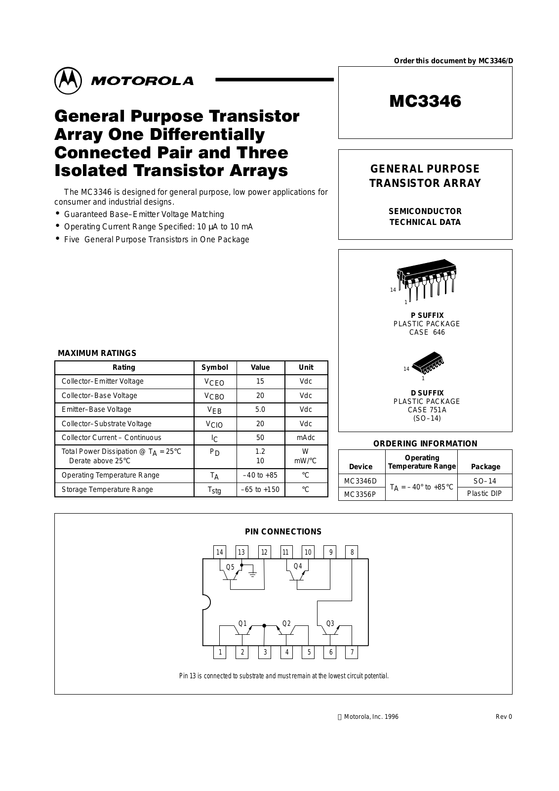 Motorola MC3346D, MC3346P Datasheet