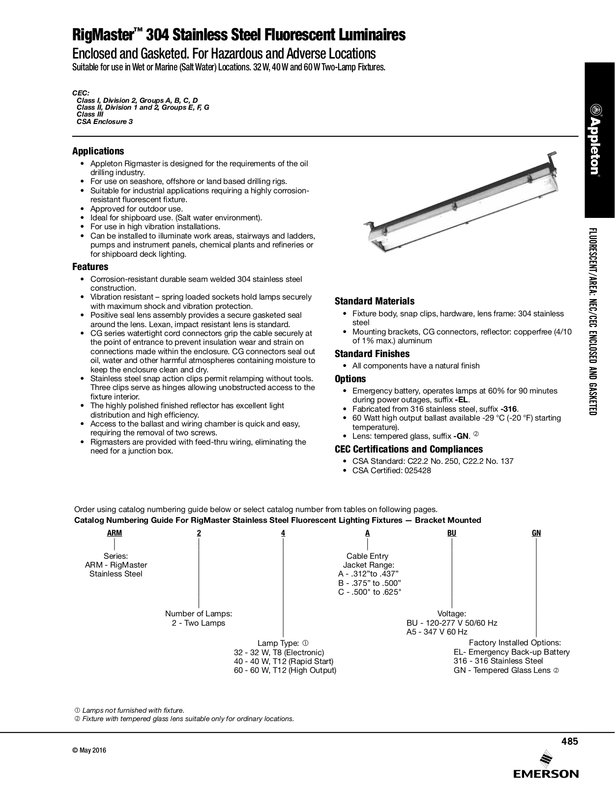 Appleton RigMaster™ 304 Stainless Steel Fluorescent Luminaires Catalog Page