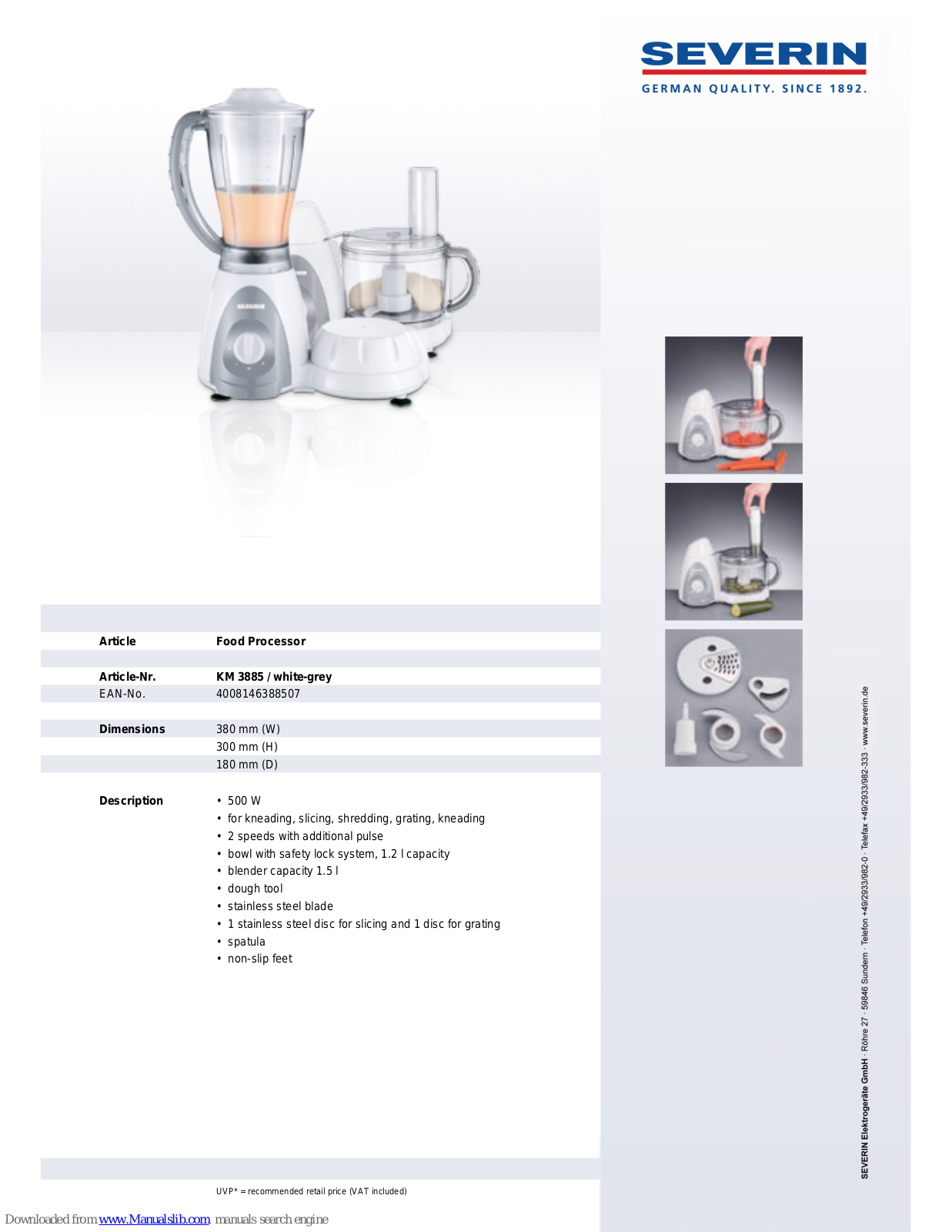 SEVERIN FOOD PROCESSOR - DATASHEET 2, KM 3885 Dimensions