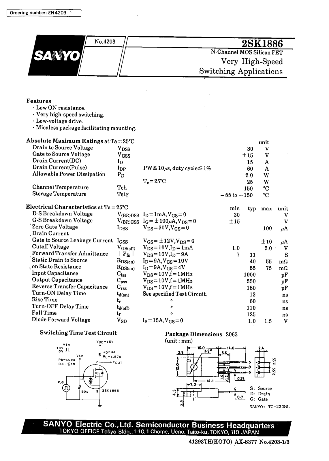 SANYO 2SK1886 Datasheet