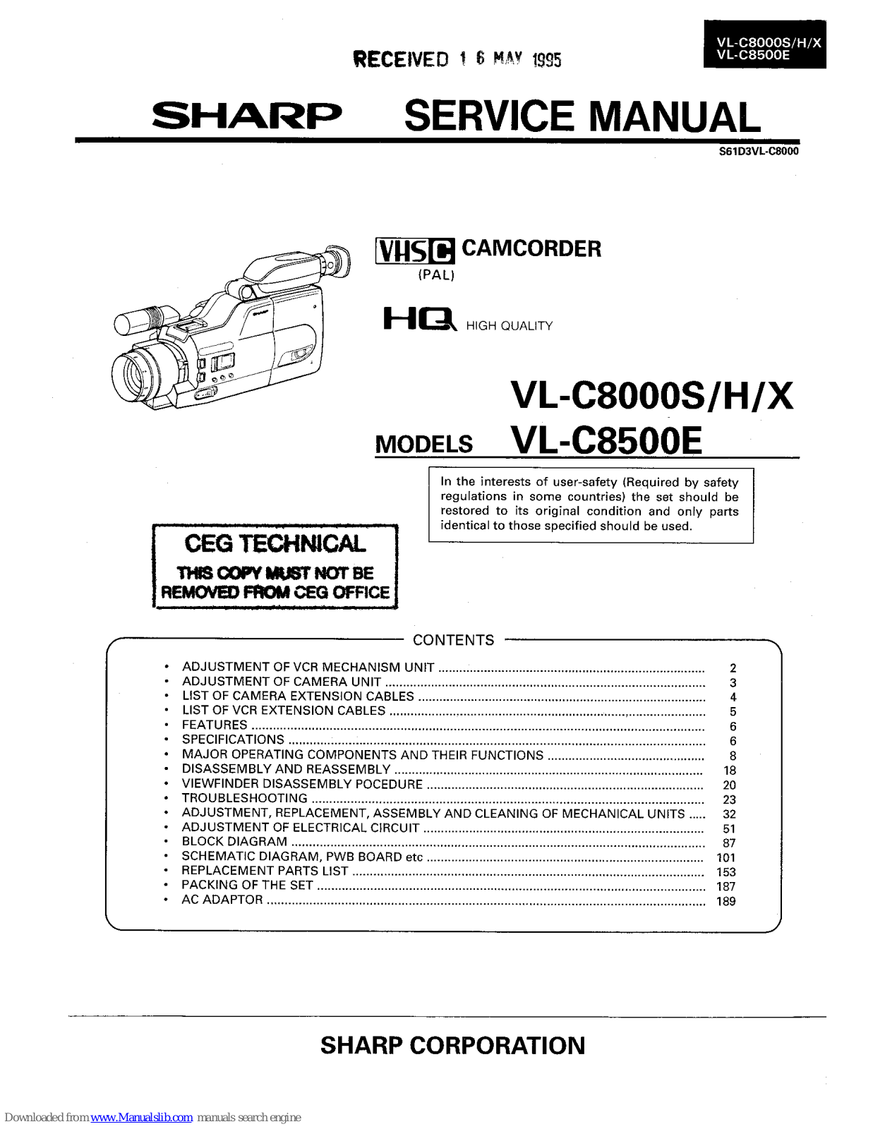 Sharp VL-C8000S, VL-C8000H, VL-C8000X, VL-C8500E Service Manual