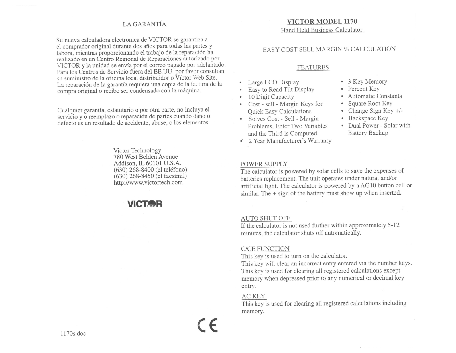 Victor Technology 1170 User Manual