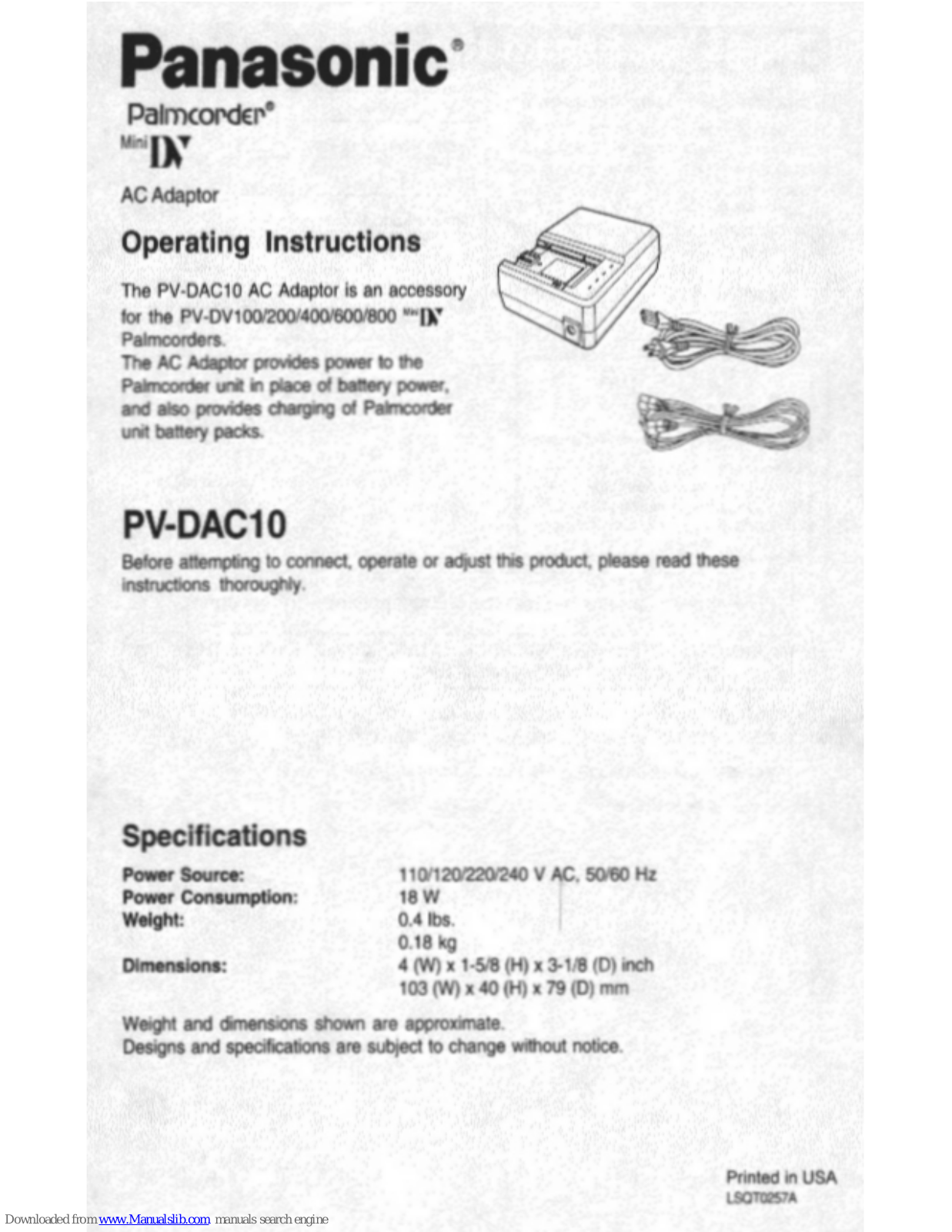 Panasonic Palmcorder PV-DAC10 Operating Instructions Manual