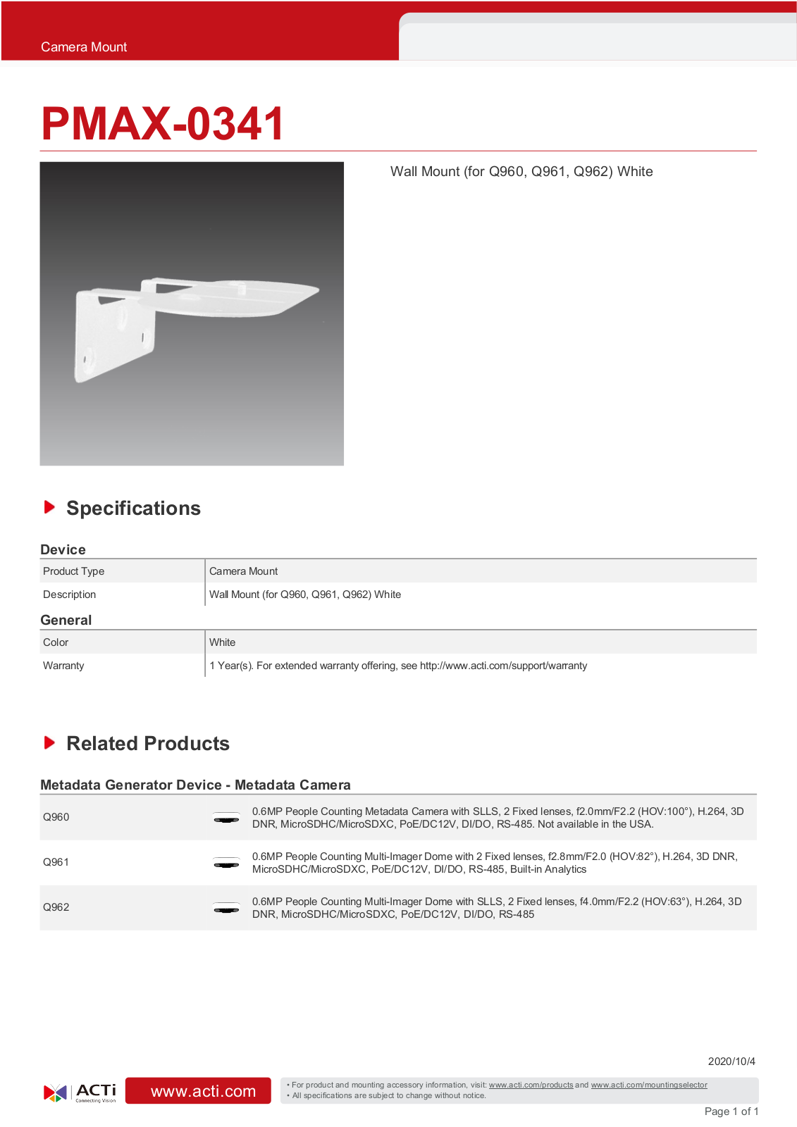 ACTi PMAX-0341 Specsheet