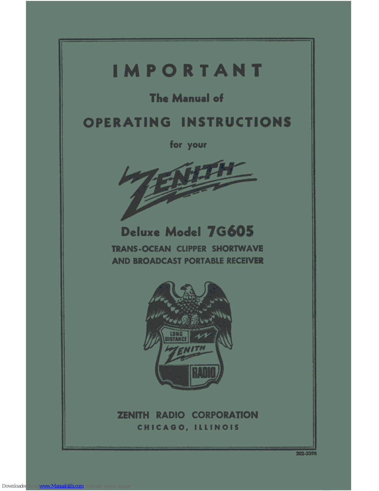 Zenith 7G605 Operating Instructions Manual