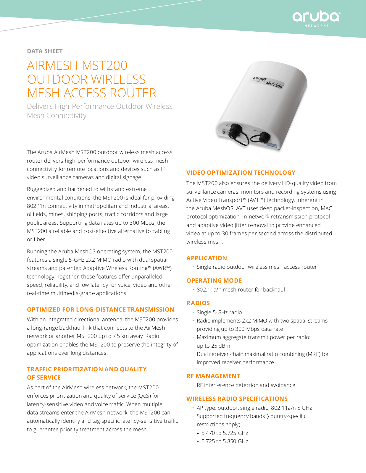 Aruba MST200 data sheet