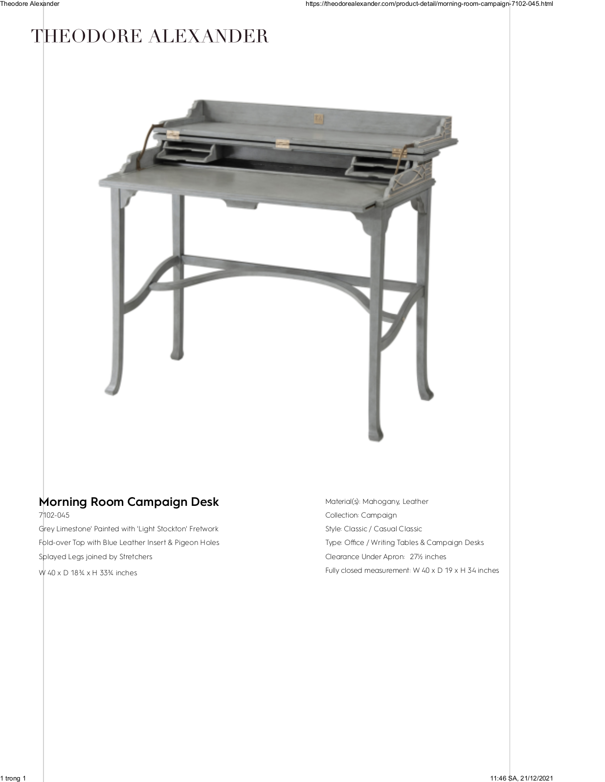 Theodore Alexander FPLJ1440 Specifications - ManualMachine.com