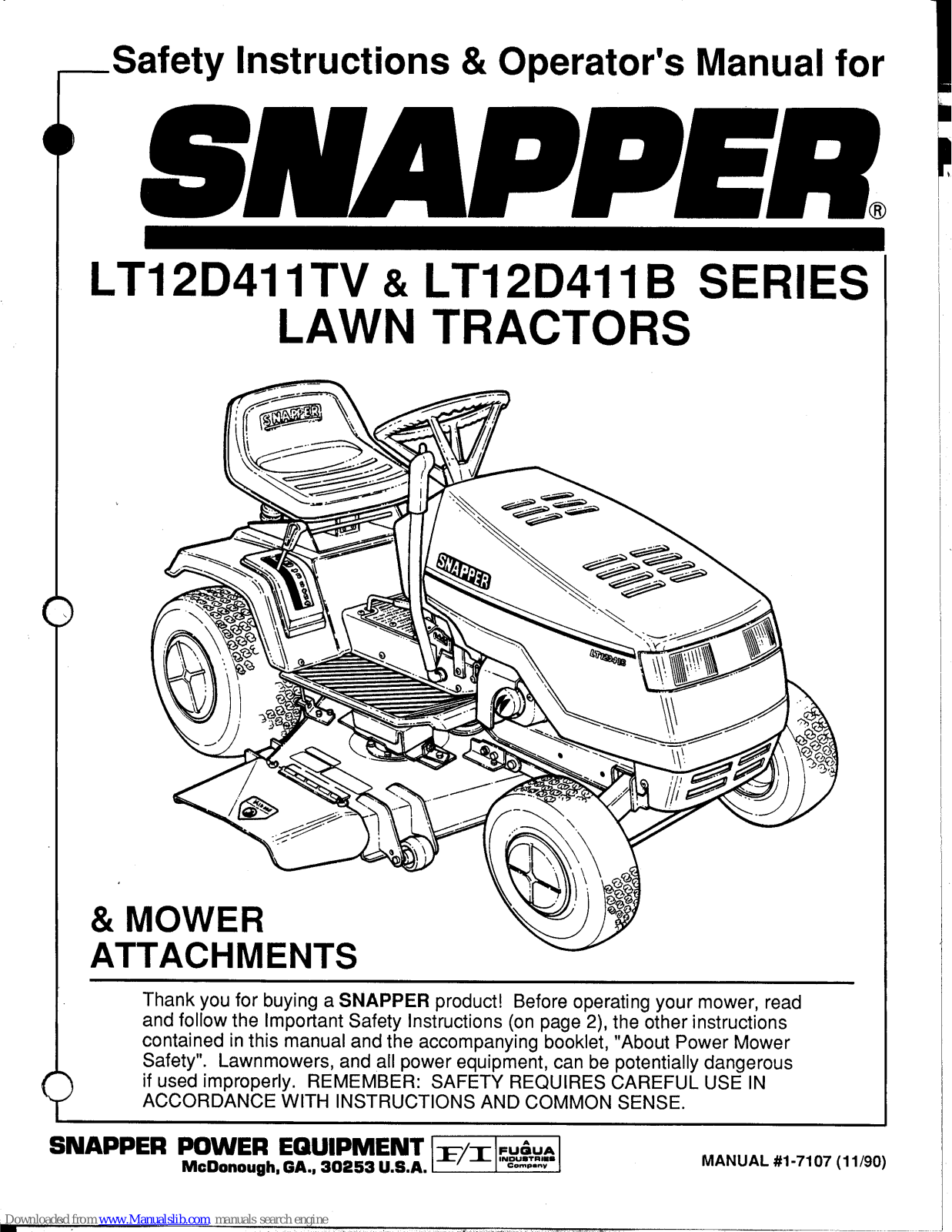 Snapper LT12D411B Series, LT12D411TV Series Safety Instructions & Operator's Manual