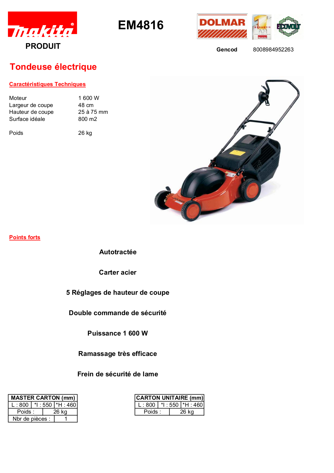 Makita EM4816 TECHNICAL CHARACTERISTICS