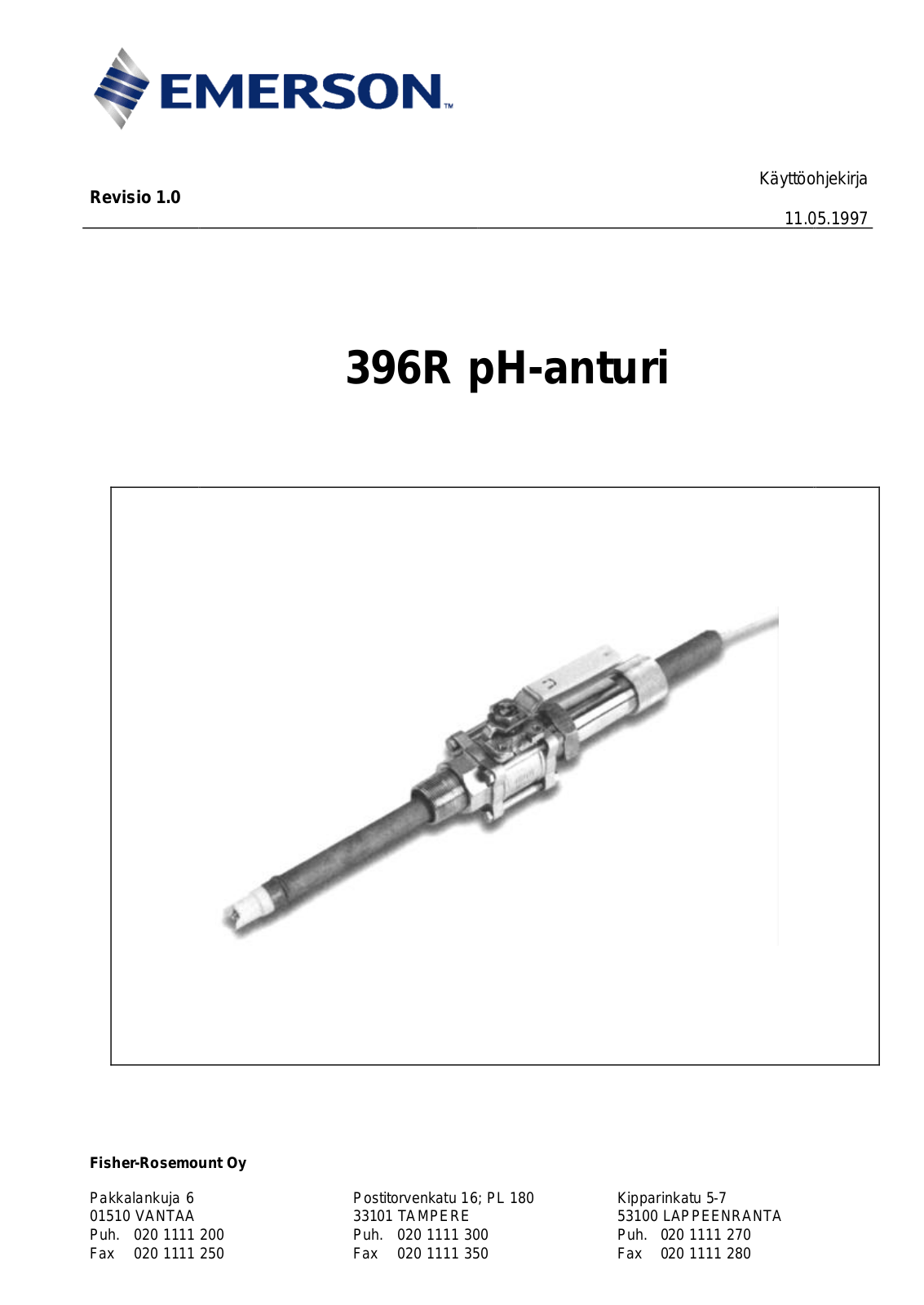 Rosemount Ohjekirja: 396R Retractable TUpH pH Sensor-Finnish|Rosemount Manuals & Guides