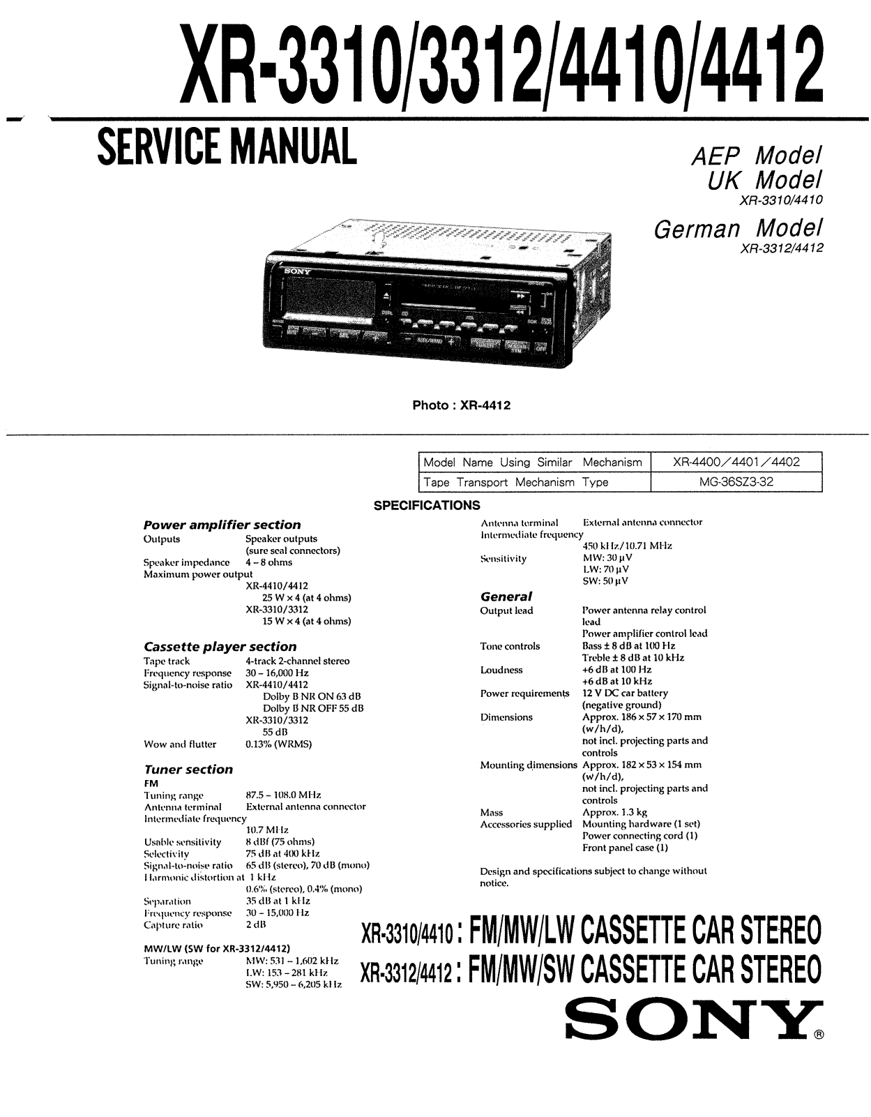 Sony XR-3310, XR-3312, XR-4410, XR-4412 Service Manual